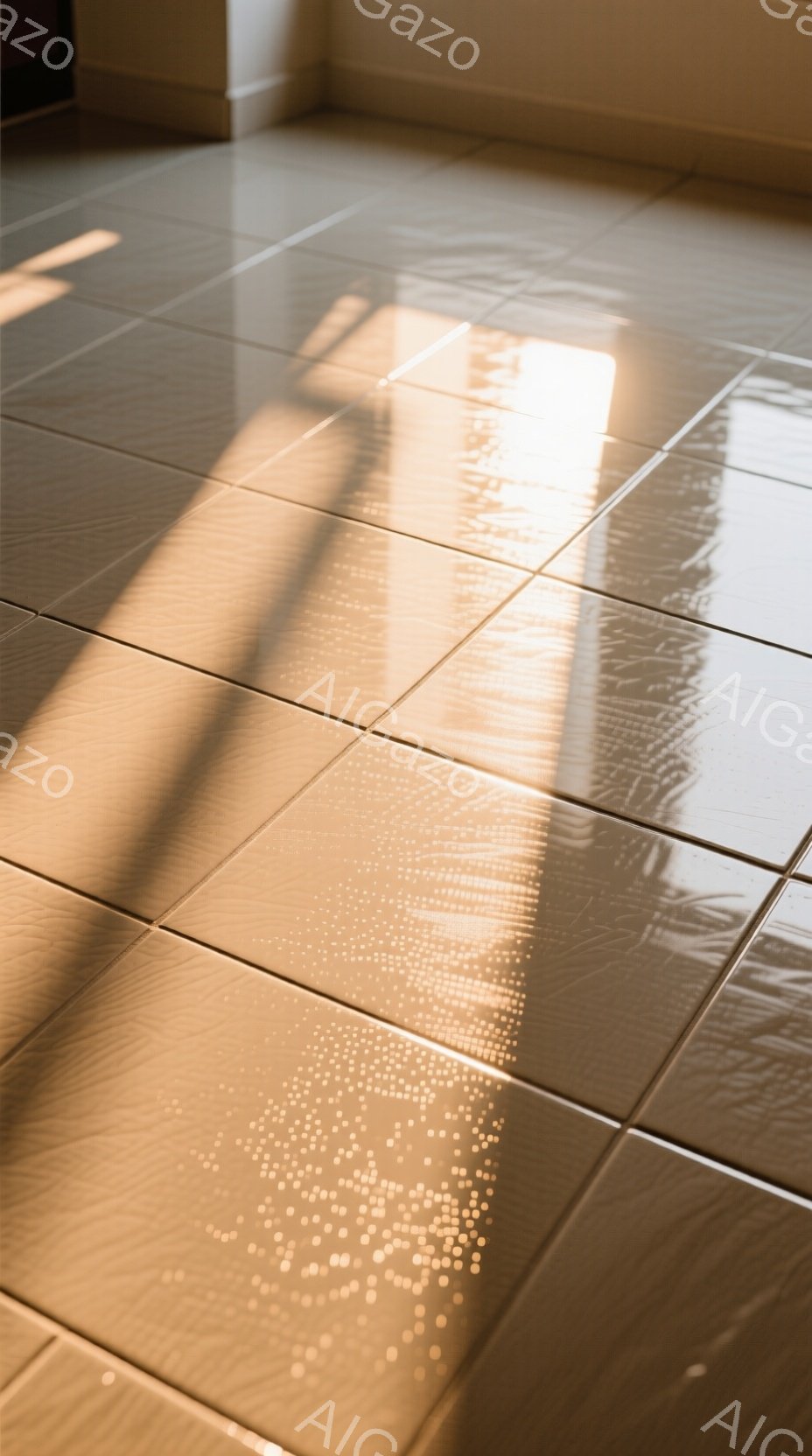 明るい光がタイル張りの床に差し込み、複雑な影の模様を作っている。影はまるで点描画のように細かく、床の質感と光のコントラストが美しい。全体的に暖かく、静寂に包まれた空間が感じられる。