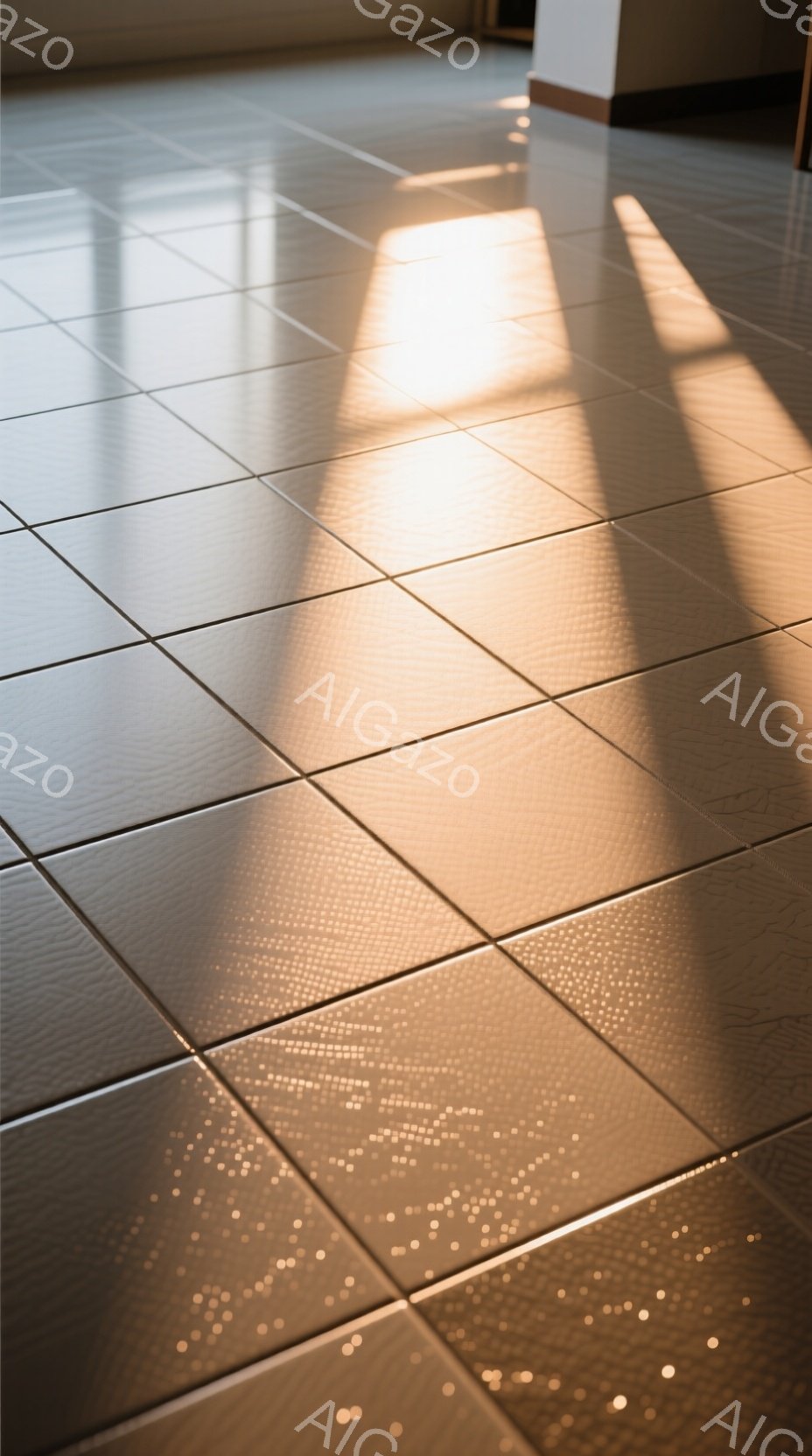 画像は、明るい日差しが差し込むタイルの床を示しています。床の表面には細かい粒子状のものが散らばっており、光を受けてキラキラと輝いています。暖色系のタイルと光のコントラストが、静かで穏やかな雰囲気を醸し出しています。
