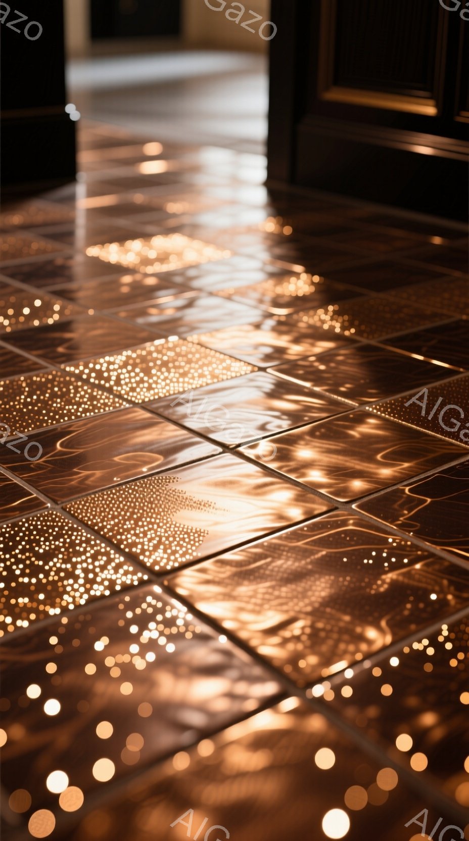 暖色系のタイル張りの床に、無数の光の粒が反射し、幻想的な雰囲気を醸し出している。光は、まるで星屑のように散りばめられており、奥行きのある視覚効果を生み出している。背景はぼやけており、室内の一部であると考えられるが、詳細な構造は不明瞭である。