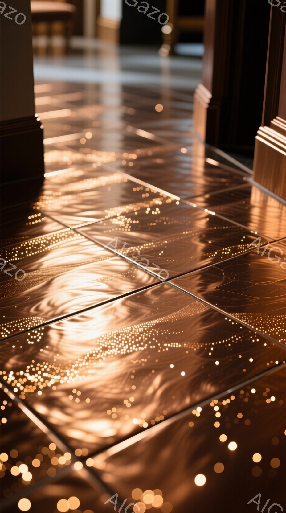 暖色系のタイルが敷き詰められた床面が、光の粒子によって幻想的に彩られています。タイル表面の凹凸が光を反射し、まるで星空のような輝きを生み出しています。背景には、わずかに家具の一部が見え、内装の一部であると考えられます。