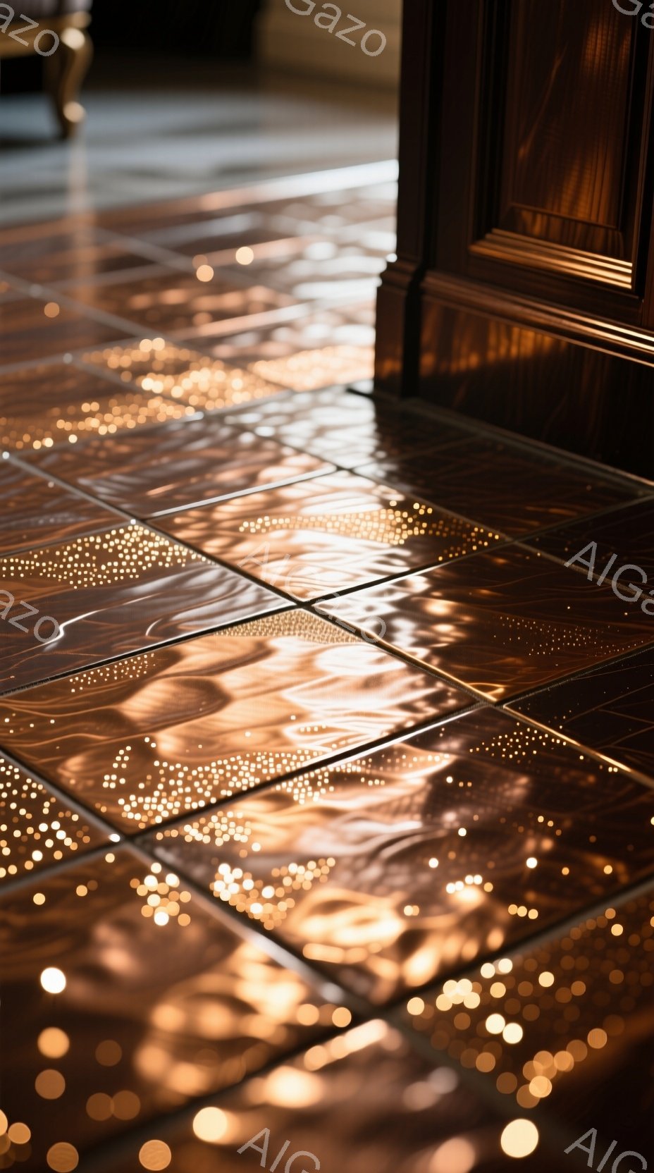 濃い茶色のタイル張りの床に、暖かく輝く光の粒子が散りばめられています。光は、何かの光源から差し込み、タイルの表面で反射して、波打つような模様を作り出しています。床の隅には、木製の巾木がわずかに見え、全体的に落ち着いた温かい雰囲気を醸し出しています。