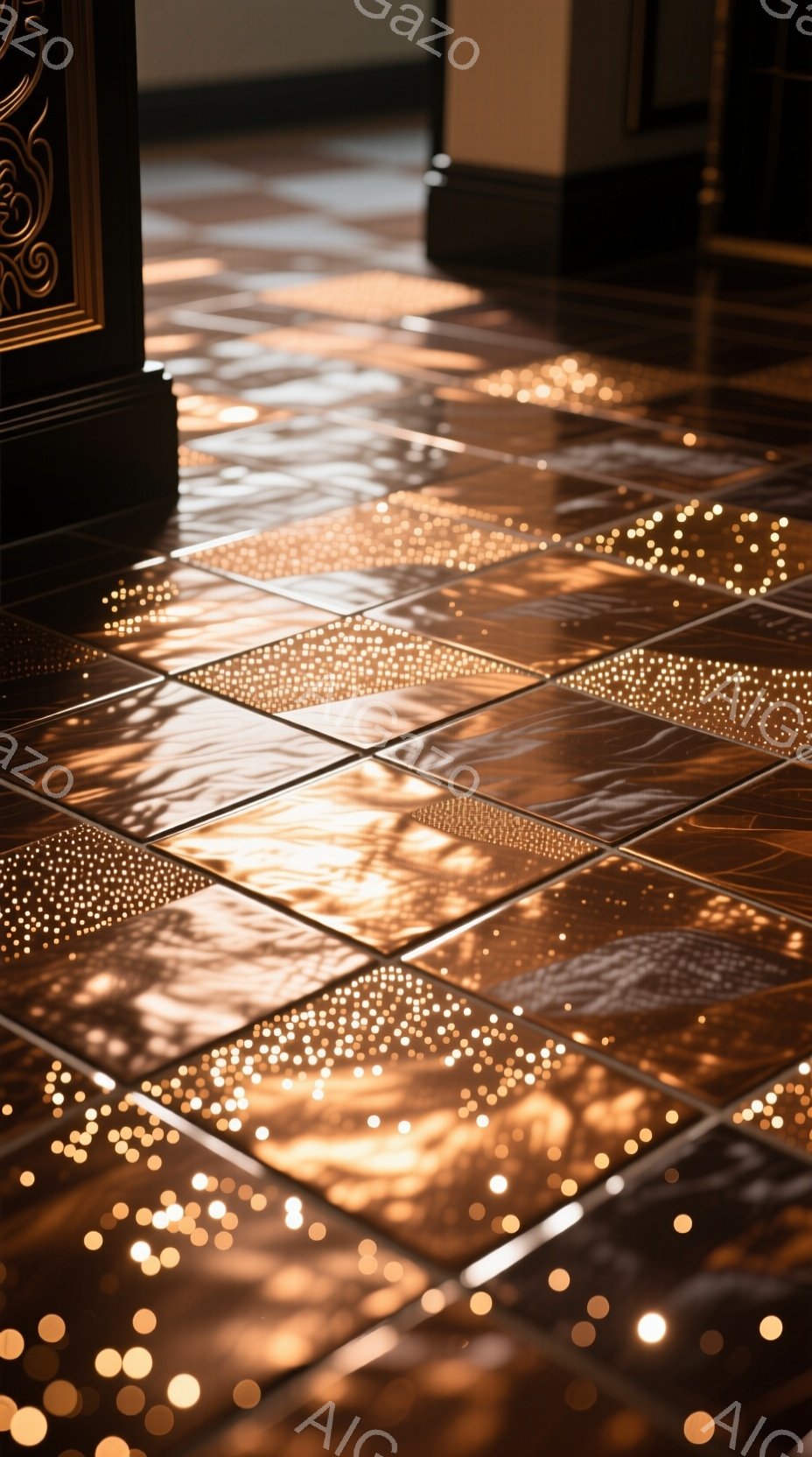 磨かれたタイル張りの床に、暖色系の光が散りばめられた模様を描き出している。光はまるで無数の小さな光の粒のようで、床面を幻想的に彩っている。背景には装飾的な柱の一部が見え、室内である事がわかるが、全体的に静かで落ち着いた雰囲気が漂っている。