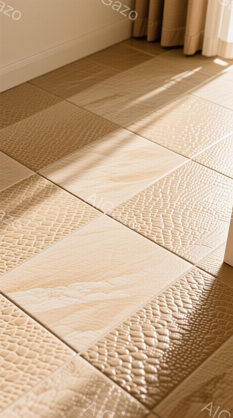 暖色系のタイルが敷き詰められた床面が写っている。各タイルは異なるテクスチャを持ち、まるで木目や幾何学模様のようなデザインが施されている。明るい光が当たっており、床に影が落ち、部屋全体が温かく落ち着いた雰囲気になっている。