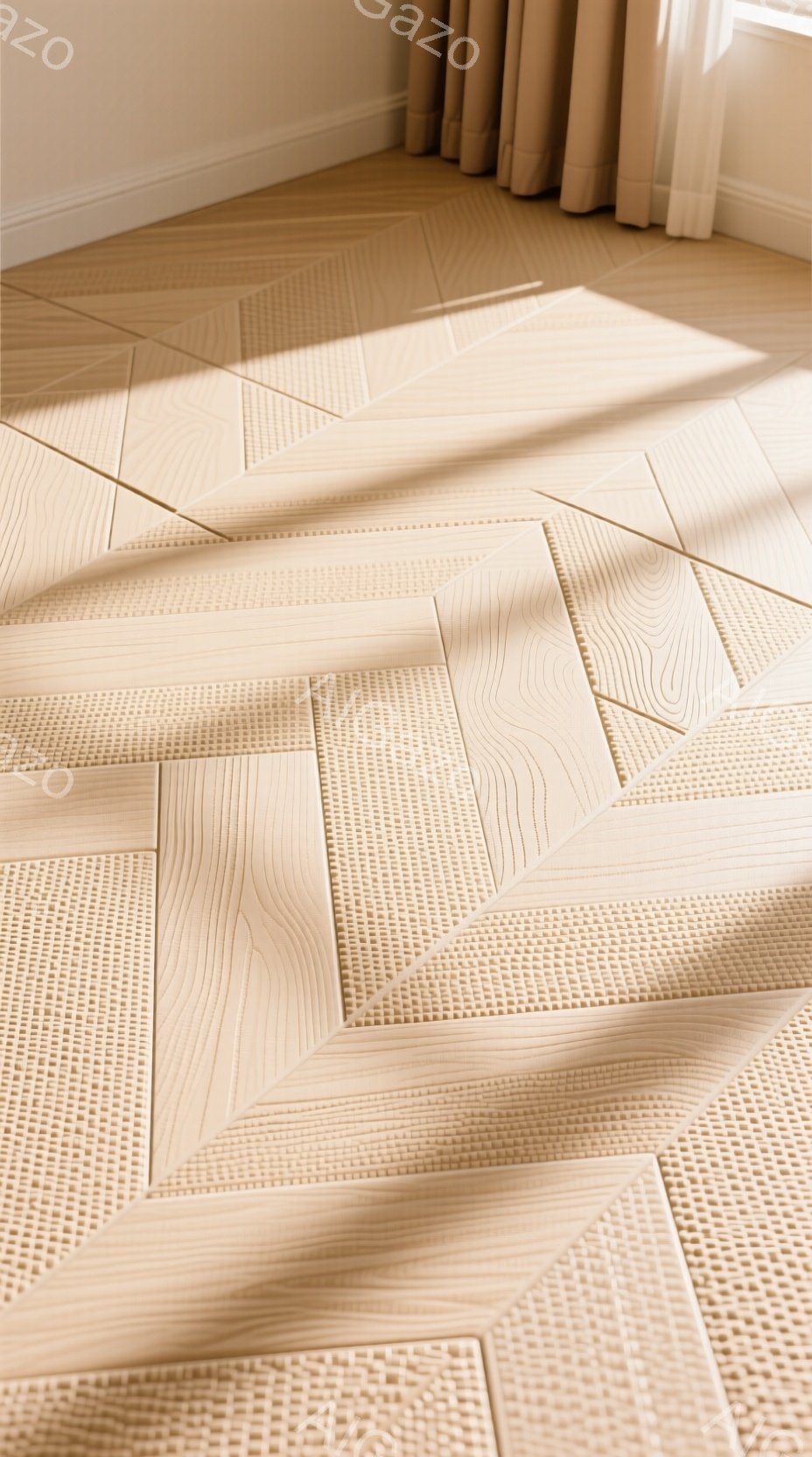 浅いベージュ色の幾何学模様のタイルが敷き詰められた床面が、画像全体を占めている。タイルはそれぞれ異なるテクスチャを持ち、木目調や格子状の模様が施されている。背景には薄いベージュ色のカーテンがわずかに見え、全体的に暖かく、落ち着いた雰囲気を作り出している。