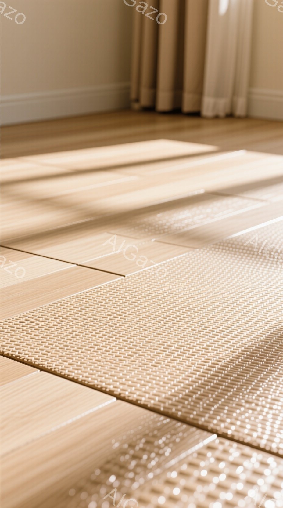 畳の上に敷かれたいぐさのマットが、明るい日差しに照らされている様子が捉えられている。床は木目調のタイルで、いぐさのマットと暖かく落ち着いた雰囲気を醸し出している。奥にはぼんやりとカーテンが見え、室内の穏やかな空間が感じられる。