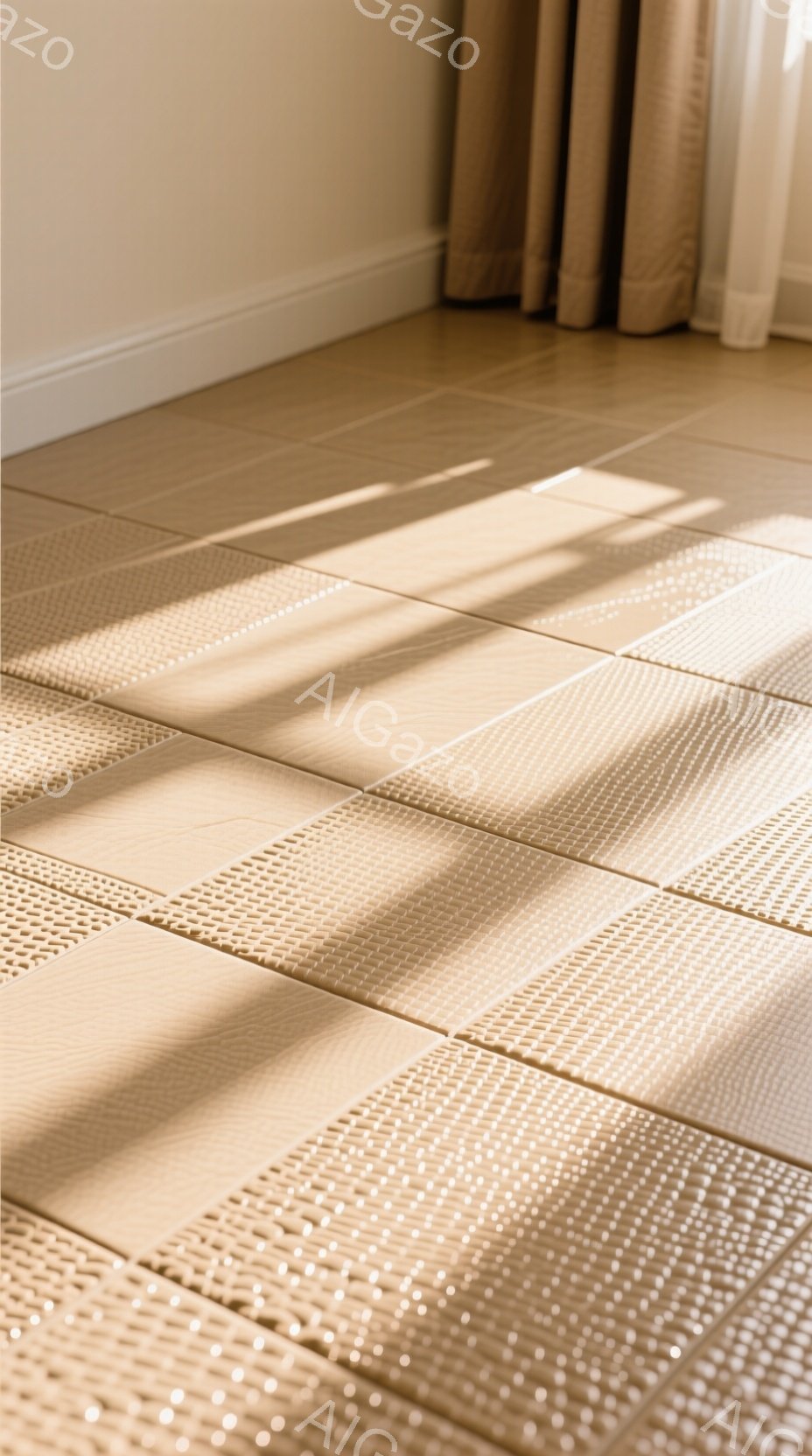 暖色のタイルが敷き詰められた床面が画面全体を占めており、光が差し込みタイルに陰影をつけている。タイルの表面には細かい網目状の模様があり、モダンで落ち着いた雰囲気を醸し出している。背景にはベージュ色の壁と、一部だけが見えるカーテンがあり、室内空間を表している。