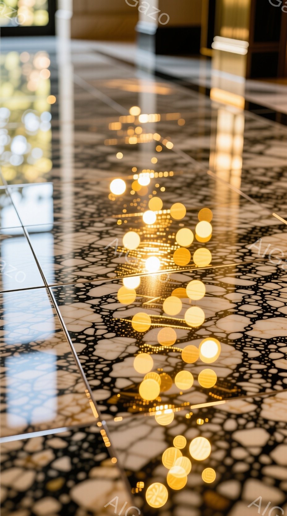 この画像は、複雑な模様のタイルの床に、ぼやけた金色の光の点が散りばめられた様子を捉えています。光の点はまるでコインのようで、床の暗い色合いとのコントラストが印象的です。全体的に暖かく、幻想的な雰囲気を醸し出しています。