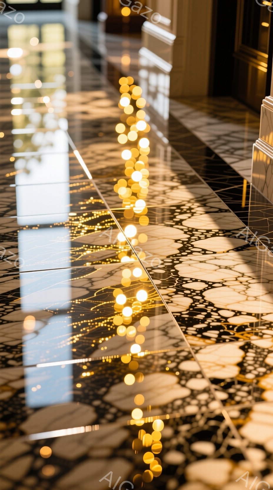 豪華な大理石の床に、ぼやけた黄金色の光の帯が放射状に広がっている様子が捉えられています。光は床の模様を強調し、洗練されたエレガントな雰囲気を醸し出しています。背景には、建物の内装の一部が見え、全体的に暖かく落ち着いた印象を与えます。