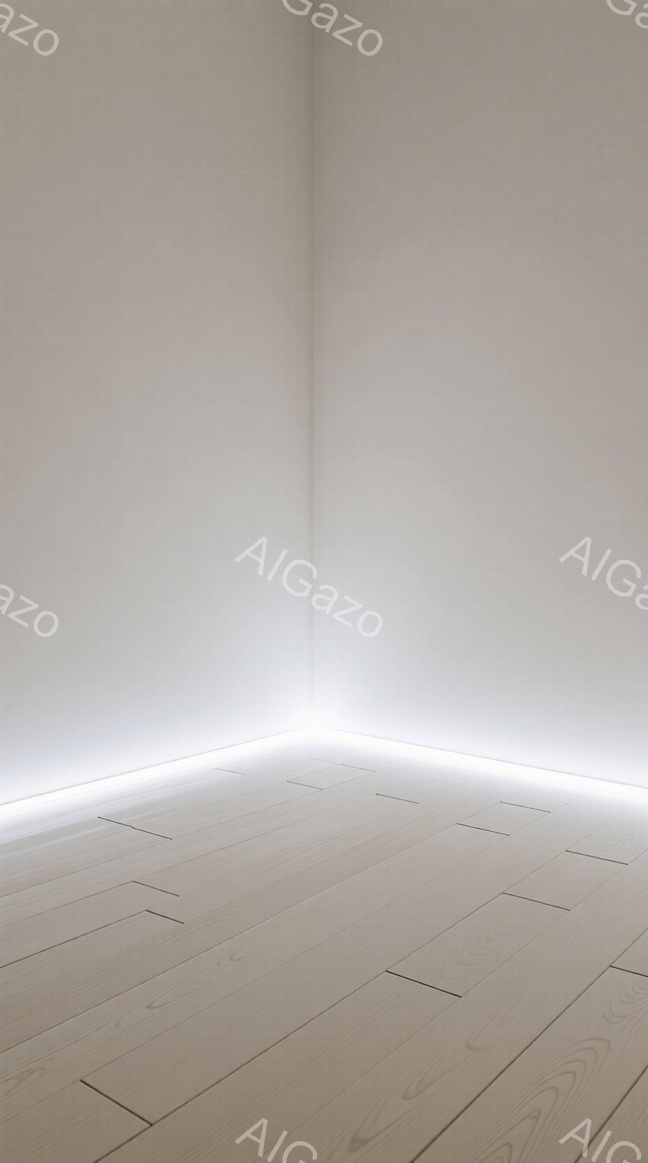 白い壁と床で構成された部屋の一角が写っている。床は木目調の白い板張りで、壁の隅には明るい光が灯っており、柔らかな光が部屋全体に広がっている。ミニマルで静寂な雰囲気で、まるでギャラリーや展示スペースの一部のように見える。