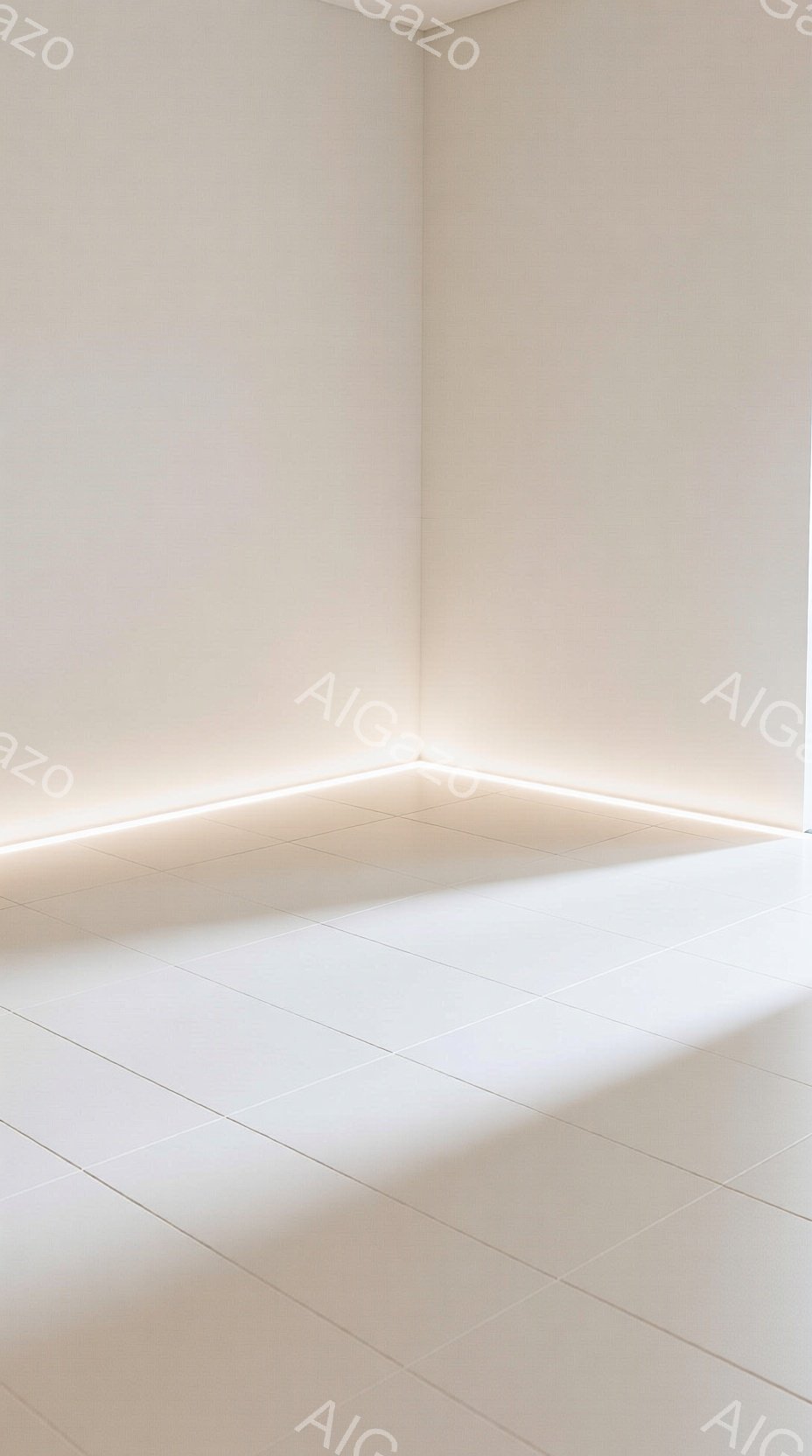 白いタイル張りの床と壁が交差するミニマルな空間が写っている。床面には柔らかい光が当たり、影が薄く伸びているため、静かで穏やかな雰囲気が漂う。背景は単純な白で、この空間が抽象的で瞑想的な場所であることを示唆している。