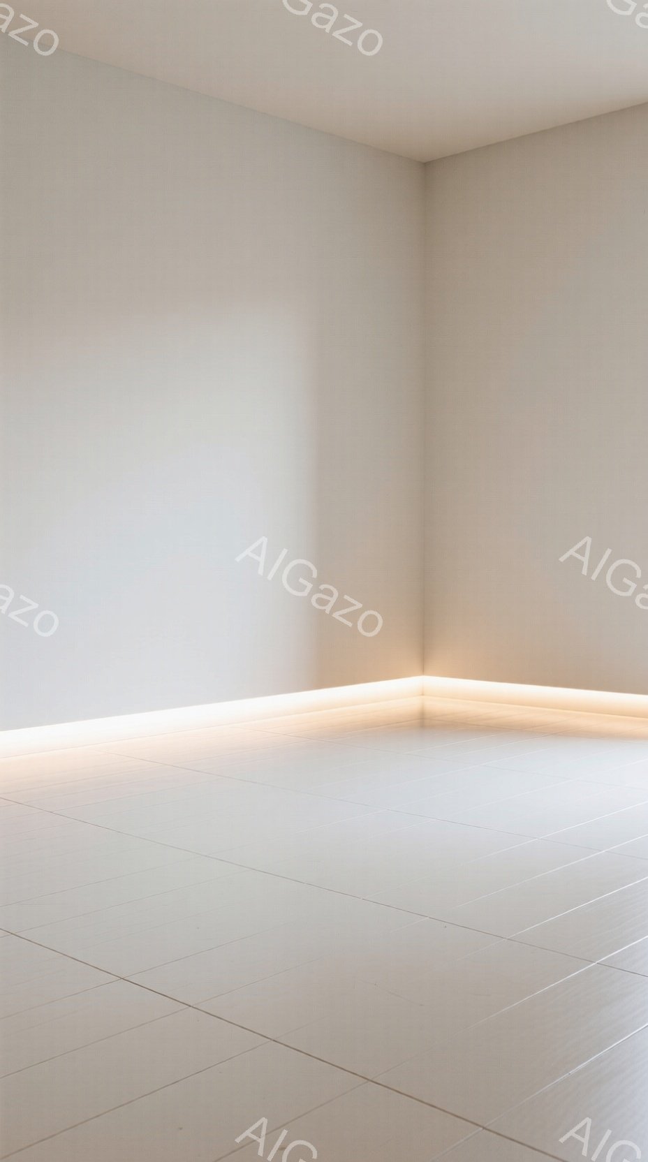 白を基調とした、簡素でミニマルな空間が写っている。床と壁の境目に沿って、柔らかな光が灯っており、その光が空間全体をほのかに照らしている。この光によって、空間は静かで瞑想的な雰囲気を帯びている。