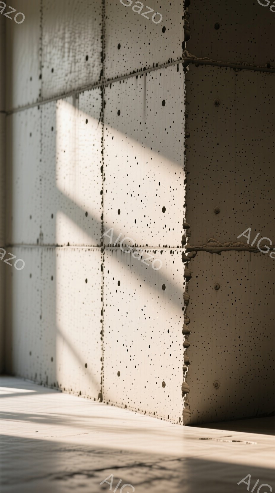 画像はクライミングジムの一角を捉えており、灰色の人工壁が特徴的です。壁は正方形のパネルで構成され、無数の小さなホールドが規則的に配置されています。光が斜めから差し込み、壁のテクスチャとホールドの影を強調し、静かで集中した雰囲気を醸し出しています。