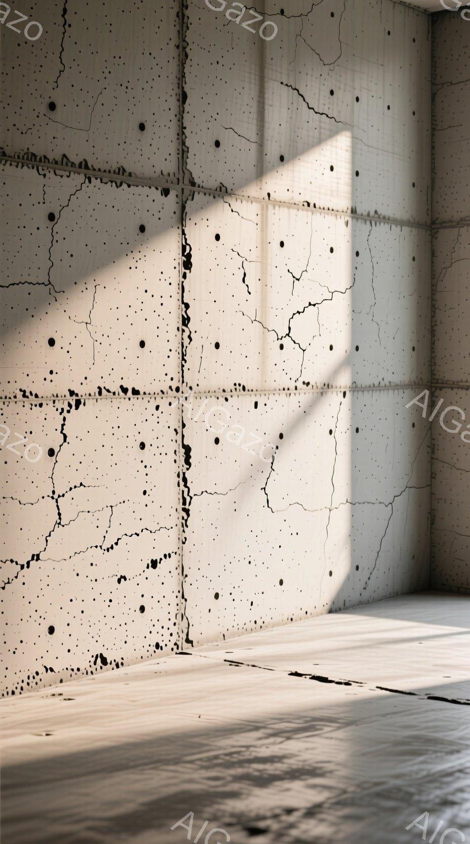 画像は、ひび割れたコンクリートの壁に囲まれた、四角い空間を描いています。床は光沢のある素材で覆われ、壁のひび割れから差し込む光が、独特の影を生み出しています。全体的に、廃墟のような寂寥感と、光と影が織りなす神秘的な雰囲気が漂っています。