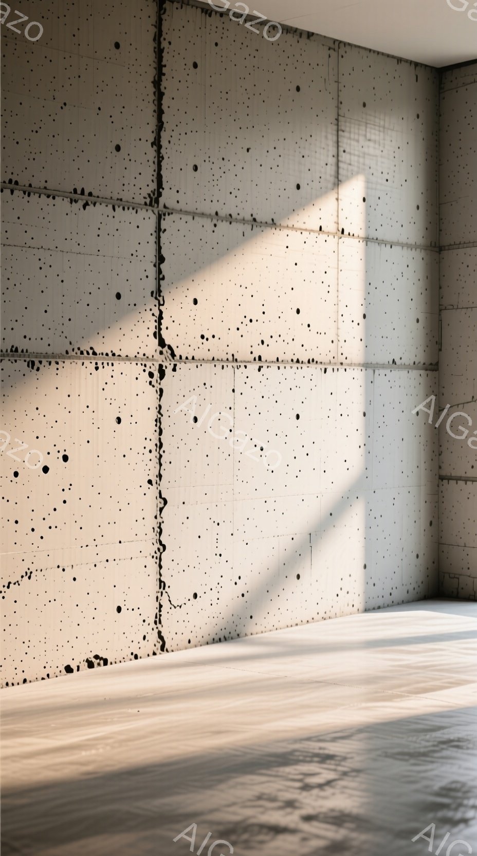 画像は、コンクリートの壁で構成されたミニマルな室内空間を描いています。壁は巨大なパネルで構成され、表面には無数の小さな点々が散りばめられています。床は反射する素材で覆われ、天井からの強い光が壁の一面を照らし出し、影を作り出しています。