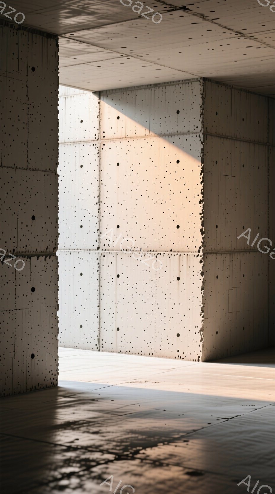 灰色のコンクリートブロックが規則的に並び、ミニマルで幾何学的な空間を作り出している。床面には光の反射が確認でき、滑らかで清潔な印象を与える。全体的に無機質で静寂な雰囲気で、都会的なモダンアート作品のようである。