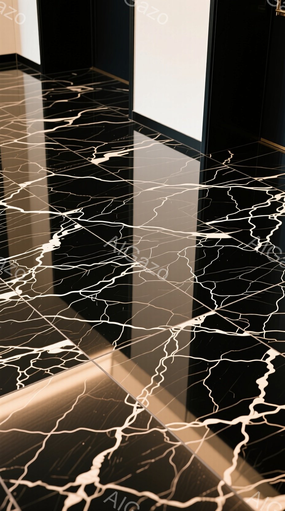 この画像は、白と黒の模様が特徴的な大理石の床を示しています。光沢のある床面は、まるで稲妻が走ったかのような模様で覆われており、モダンで洗練された印象を与えます。壁の一部とドアの一部が映っており、内装の一部を捉えた写真だと考えられます。