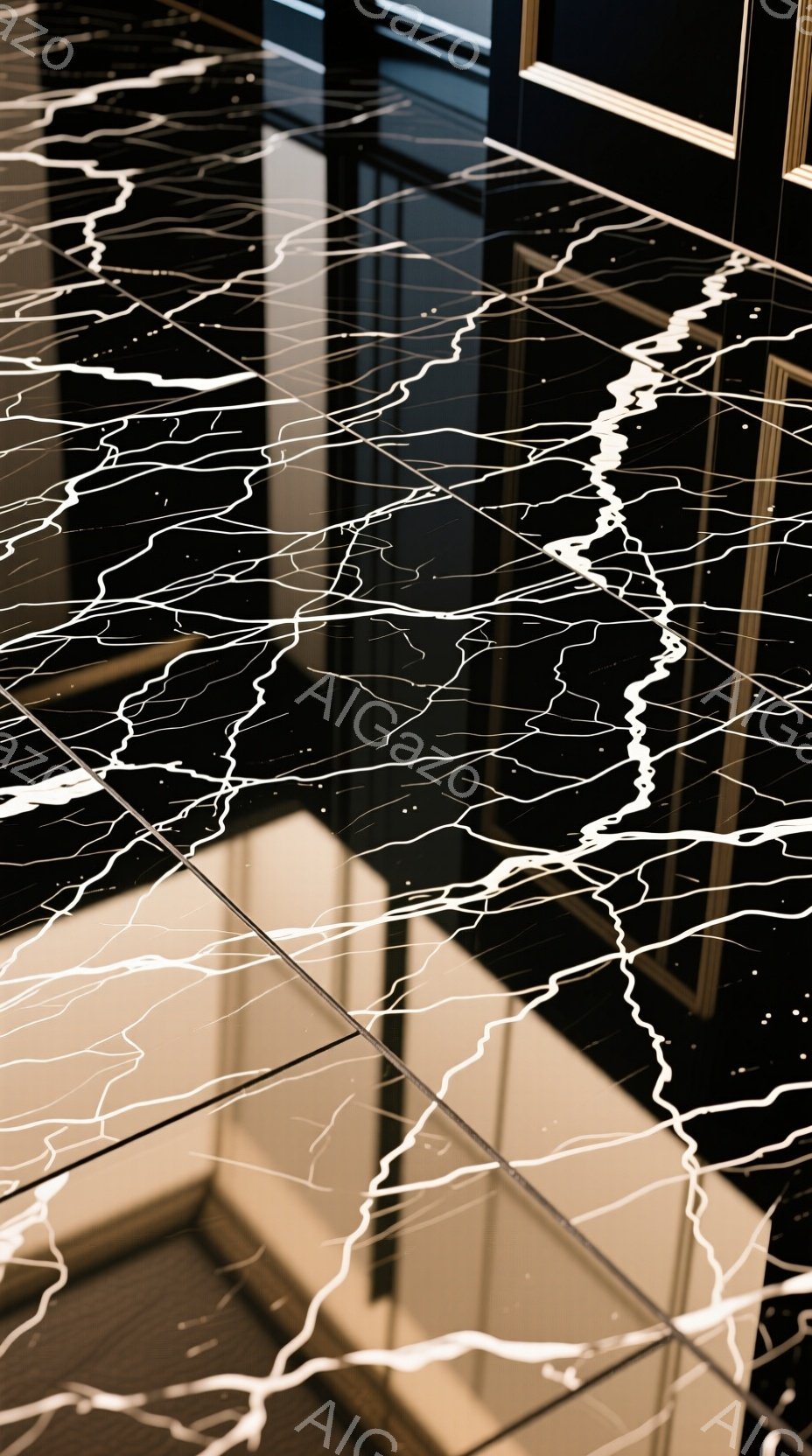 この画像は、光沢のある黒い床の上を白く光る稲妻のような模様が走っている様子を捉えています。床の反射により、その模様は左右対称に伸び、まるで鏡面が割れたかのような視覚的効果を生み出しています。全体的に、モダンで抽象的であり、ドラマチックな雰囲気を醸し出しています。