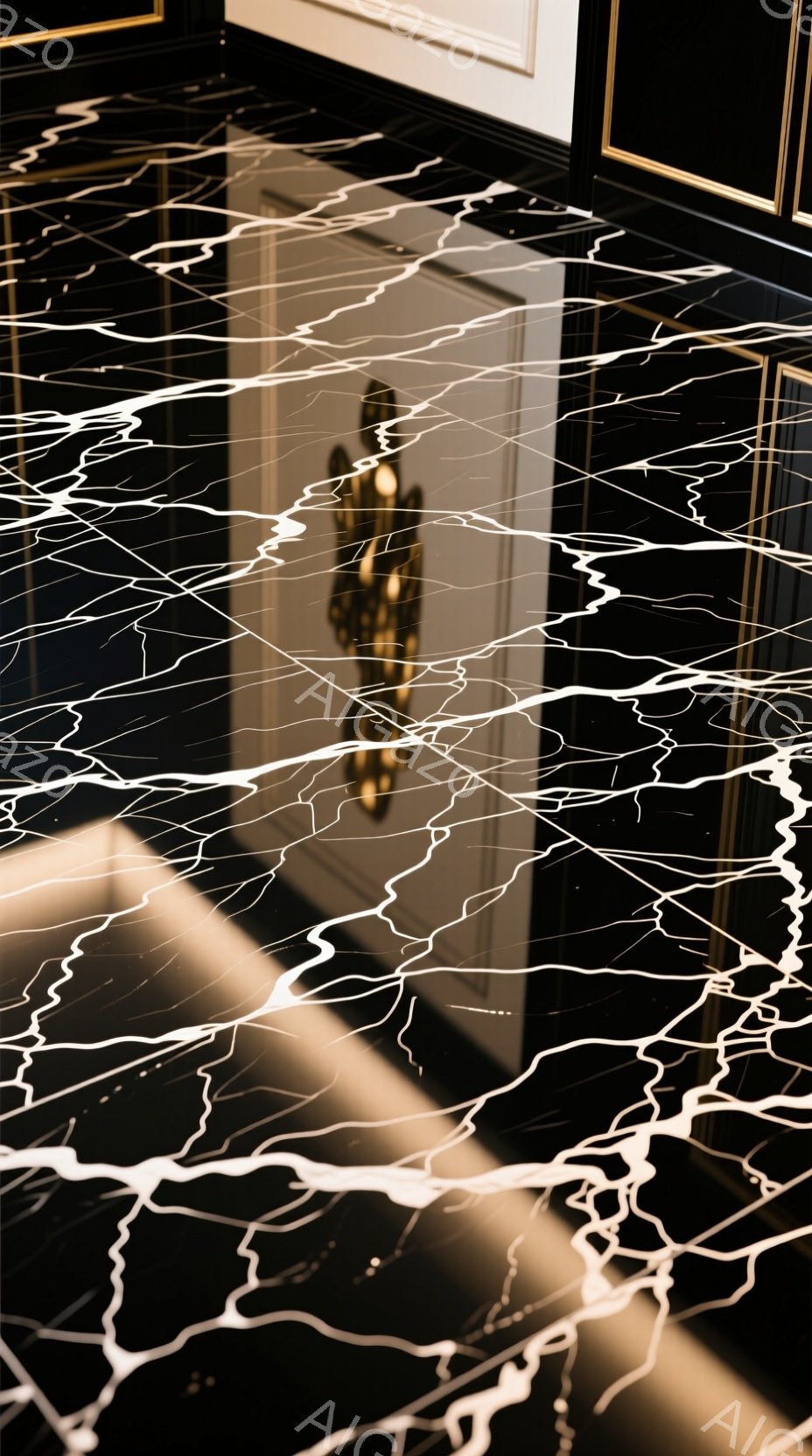 光沢のある黒い床に、白い線状の模様が複雑に入り組んだ抽象的な構図が広がっている。床面には、シャンデリアのぼんやりとした反射が映り込み、左右対称の影が独特の雰囲気を醸し出している。全体の印象は、高級感とモダンさを兼ね備え、静かで神秘的な空間を連想させる。