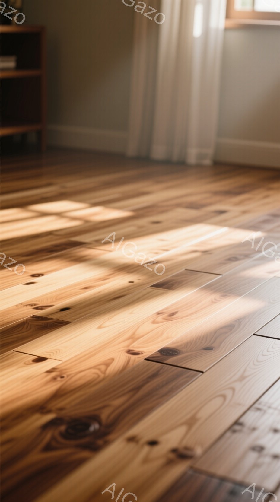 明るい日差しが差し込む木の床が印象的な写真です。床板の木目は美しく、暖かく穏やかな雰囲気を醸し出しています。奥には薄いカーテンと木製の棚が見え、室内が静かで落ち着いた空間であることが伺えます。