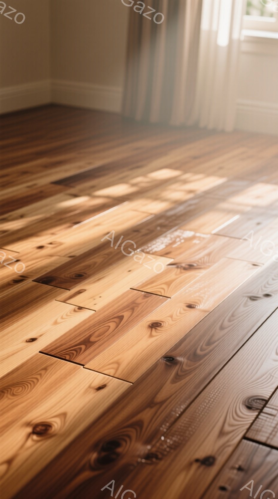 暖かく光沢のある木製のフローリングが、部屋を満たしている。光が窓から差し込み、フローリングの木目を強調し、心地よい影を作っている。全体的に静かで、居心地の良い雰囲気が漂っている。