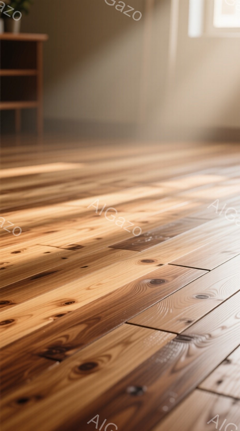 磨かれた木製の床が広がり、自然な木目が暖かく光を受けて輝いている。奥にはシンプルな木製の棚が見え、薄明るい光が差し込むことで、部屋全体が穏やかで落ち着いた雰囲気に包まれている。明るい色彩とシンプルな構成は、リラックスできる空間を想起させる。