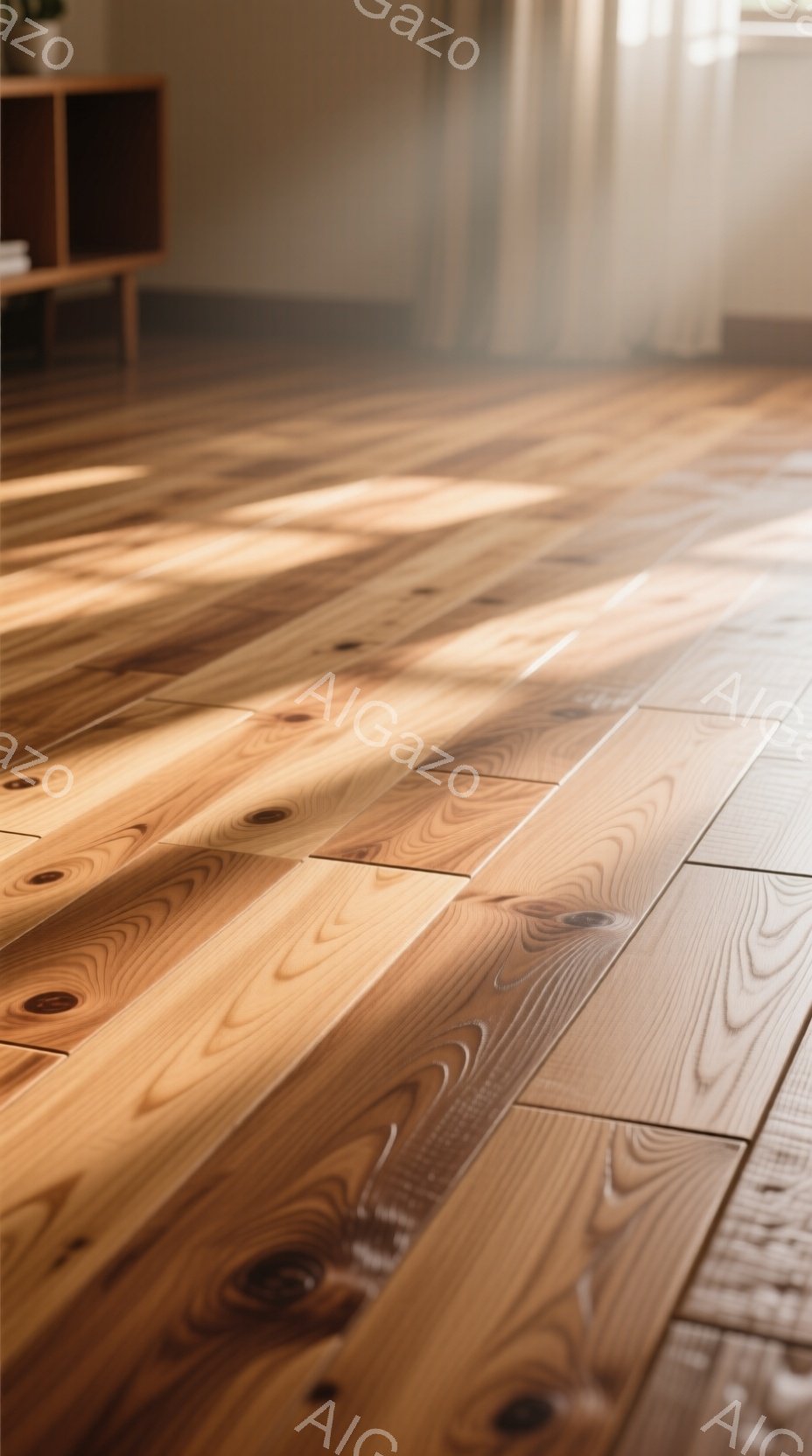 明るい木製のフローリングが写っており、光が斜めに差し込み、木の質感が際立っている。奥には薄い色のキャビネットと白いカーテンが見え、落ち着いた室内空間が感じられる。全体的に暖かく、穏やかな雰囲気が漂っている。