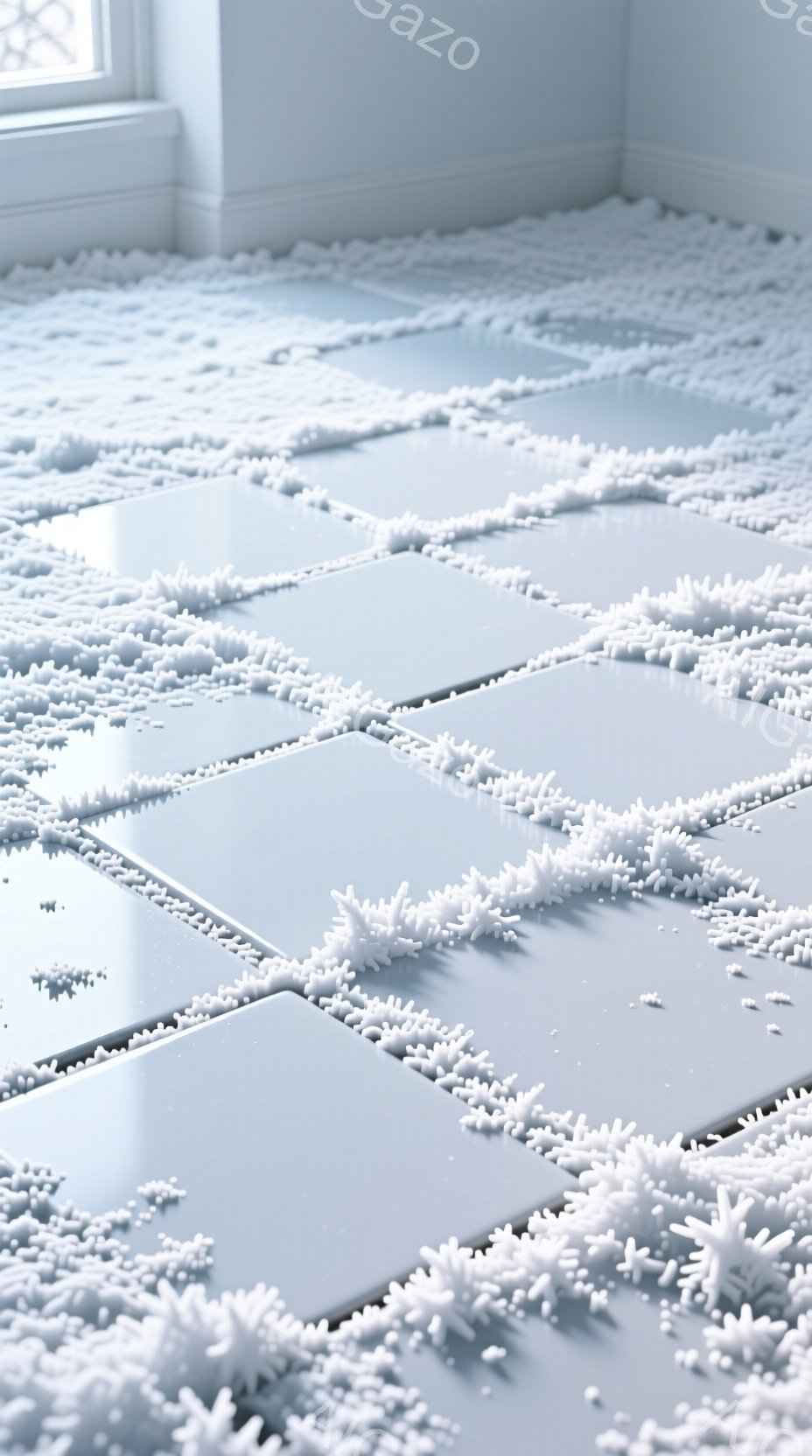 白いタイル張りの床一面に、綿毛のような白いものが散らばっている様子が写っている。タイルは光沢があり、清潔感があるが、綿毛によってある種の混沌とした雰囲気も漂っている。背景には窓が見え、部屋の様子であることがわかる。