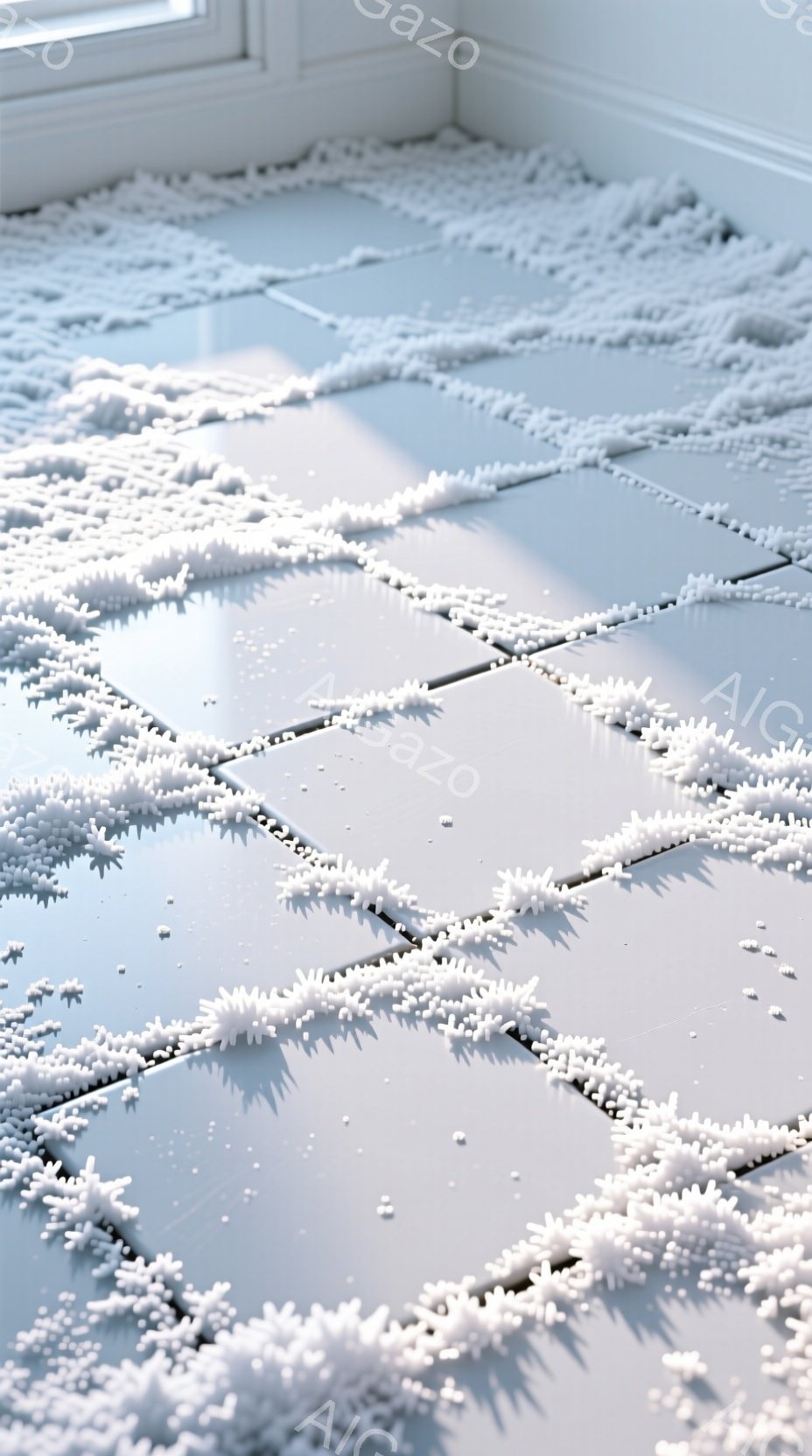 白いタイル張りの床に、ふわふわとした白い物体が散らばっている様子が写っている。それはまるで綿のような、あるいは小さな白い花のような形をしており、床全体に均等に広がっているわけではなく、部分的に密集している。背景は淡い色で、窓からの自然光が差し込み、全体的に柔らかく穏やかな雰囲気を醸し出している。