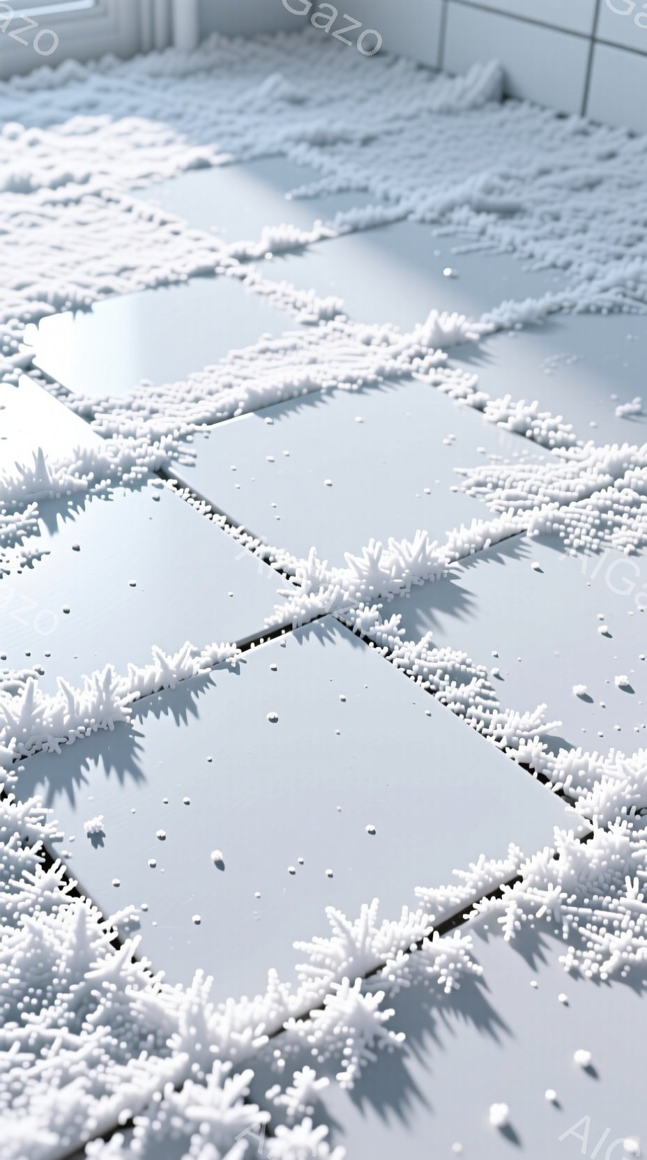 白いタイルの床に、ふわふわとした白いものが散らばっている様子が写っている。まるで雪のような、あるいは綿のような白い塊が、タイルの隙間なく広がり、柔らかな雰囲気を醸し出している。背景はぼやけており、室内であることは示唆されるが、具体的な場所は特定できない。