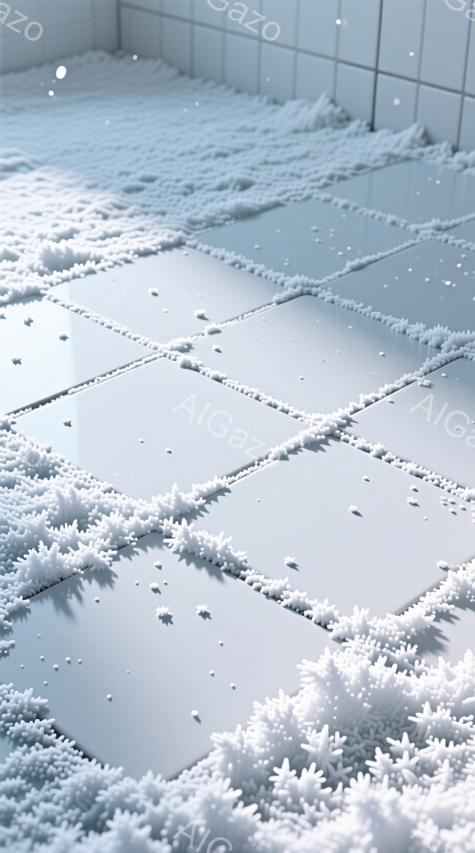 白いフロアに、小さな白い花のようなものが散らばっている様子が描かれている。床はタイル張りで、光沢があり、その上に不規則に配置された白いオブジェクトがコントラストをなしている。全体的に清潔感があり、ミニマルで静謐な雰囲気が漂っている。