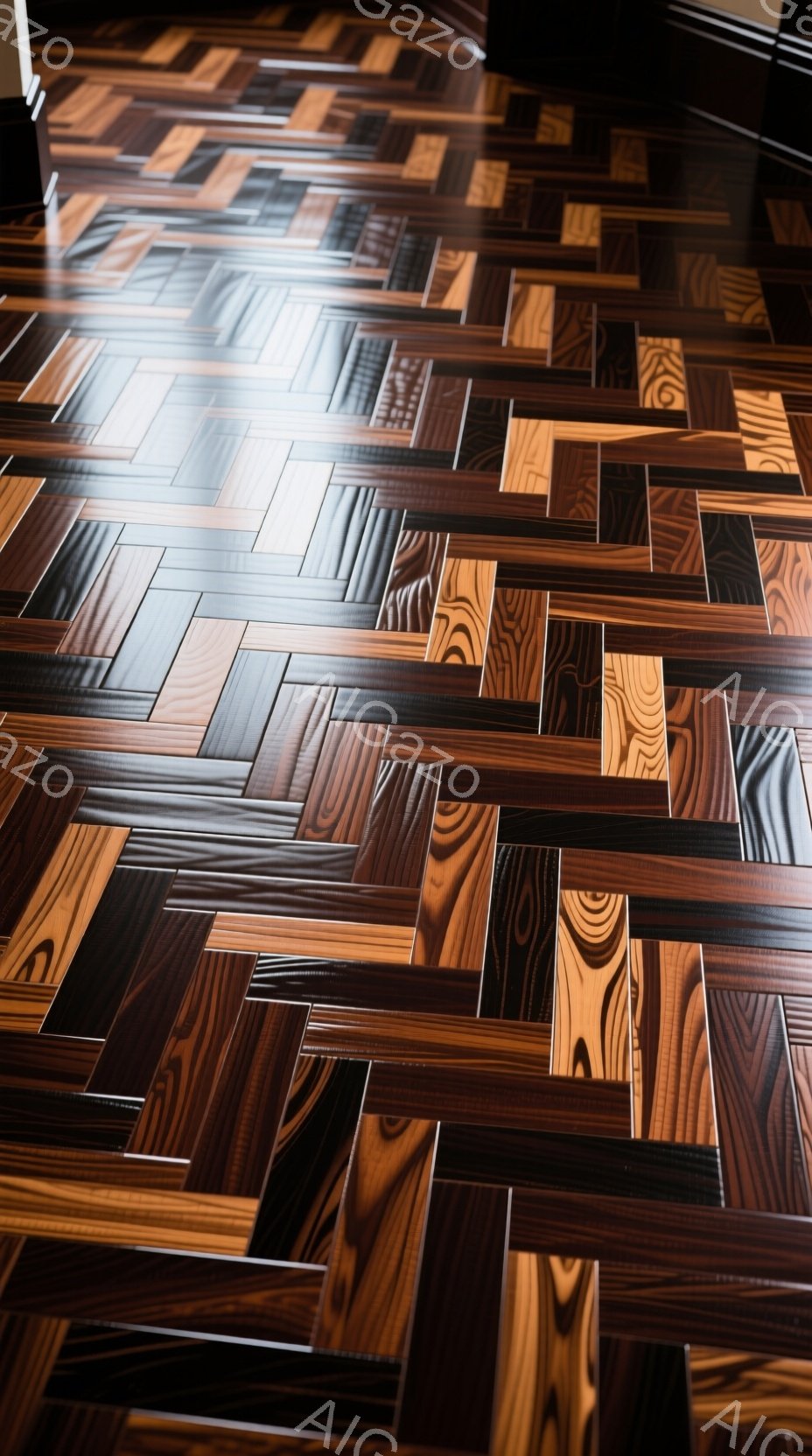 この画像は、複雑に組み合わされた木製のパネルで構成された床のクローズアップです。パネルは濃い茶色と明るい茶色の木目があり、独特の幾何学的な模様を作り出しています。光沢のある仕上がりと規則的な配置が、洗練されたモダンな雰囲気を醸し出しています。