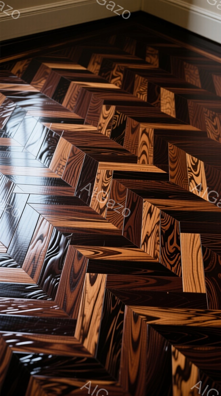 この画像は、複雑な模様のフローリングが特徴的で、濃い茶色と明るい茶色の木材が交互に配置されたヘリンボーン模様が、視覚的な奥行きと動きを生み出しています。光沢のある表面は、木材の自然な美しさを引き立て、高級感と洗練された雰囲気を醸し出しています。この床は、モダンでエレガントなインテリアに理想的なアクセントとなりそうです。