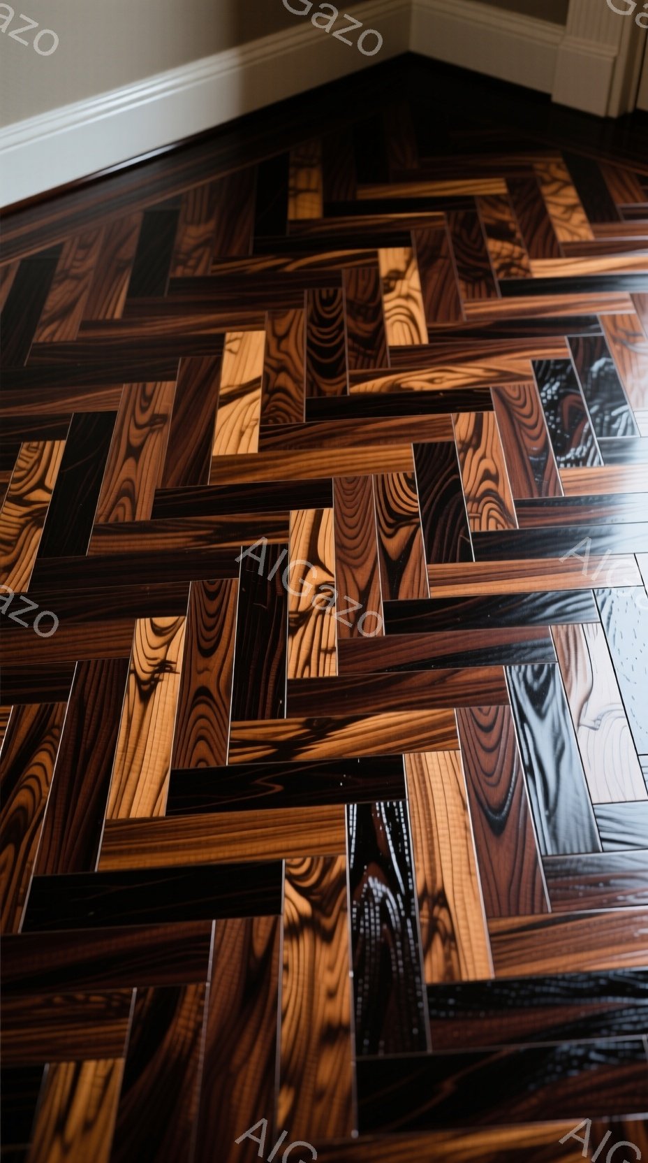 濃い茶色と黒色の木目が美しい、正方形に配置されたフローリングが画面全体を占めている。光沢があり、まるで木製のパズルピースのように組み合わされたフローリングは、高級感と洗練された雰囲気を醸し出している。白い壁とのコントラストが際立ち、部屋全体を上品に演出している。