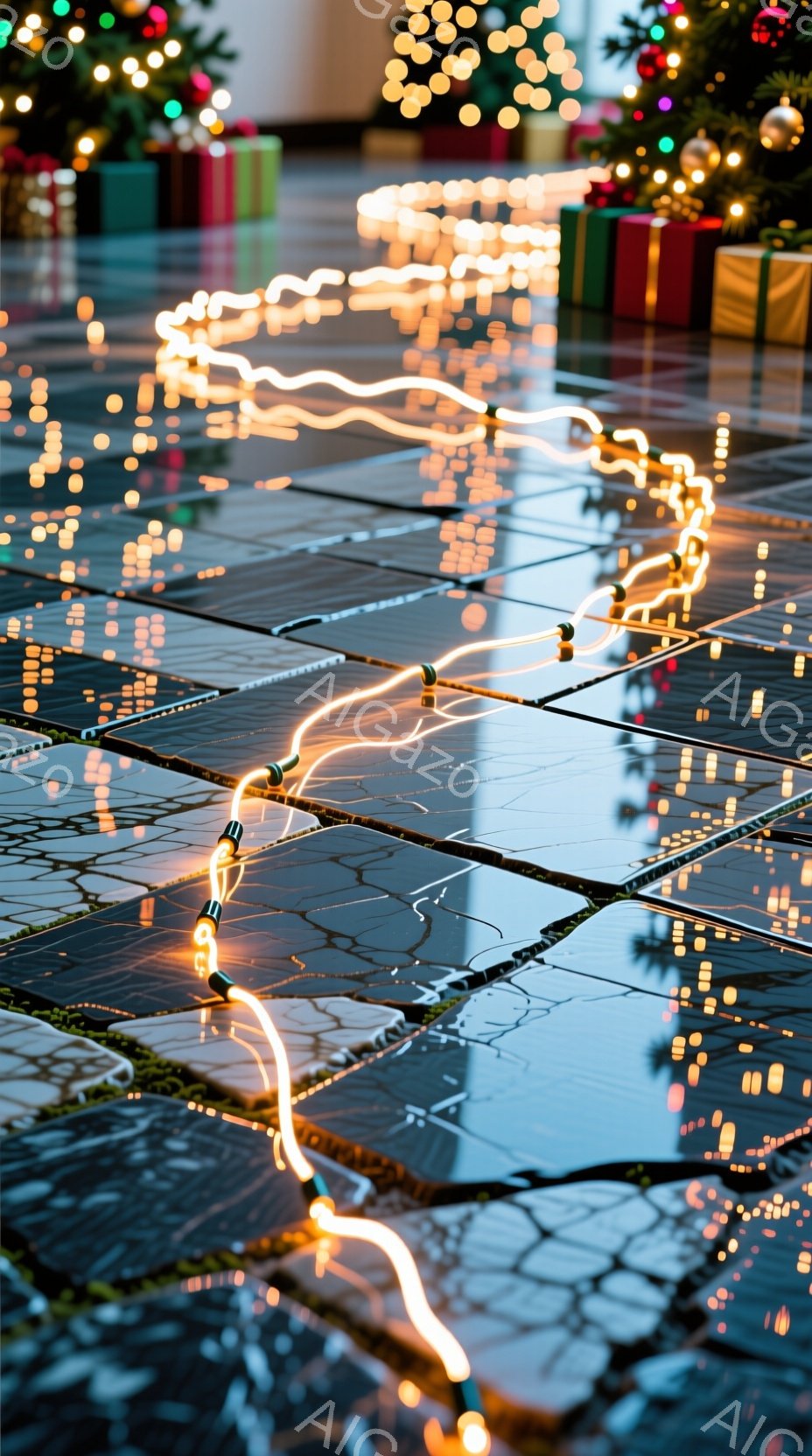 濡れた石畳の道が写っており、反射したクリスマスツリーの光が幻想的な模様を描いている。オレンジ色の光の線が道の表面を走り、水溜まりにその鮮やかな色彩を映し出している。背景にはぼんやりとクリスマスツリーが見え、全体的に温かく、お祝いムードに包まれた夜の風景が印象的だ。