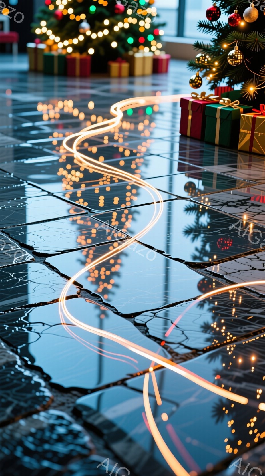 濡れた床に反射するクリスマスツリーの光が印象的な写真です。オレンジ色の光の線が床面を走り、反射と組み合わさって幻想的な雰囲気を醸し出しています。プレゼントの箱がツリーの足元に置かれ、暖かく華やかなホリデーシーズンを予感させます。