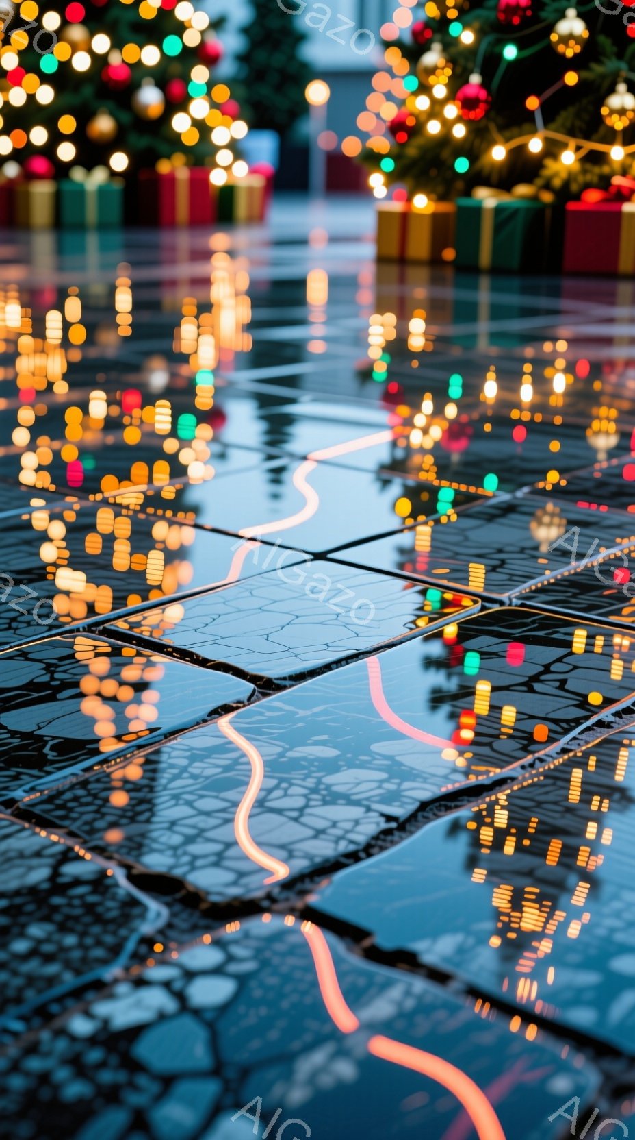舗装された道路のひび割れに雨水が溜まり、その表面にクリスマスツリーのイルミネーションが反射して万華鏡のような光景を作り出している。背景には、緑豊かなクリスマスツリーとカラフルなプレゼント箱が見え、まるで夢のような冬の夜の雰囲気を感じさせる。全体的に、雨上がりの街の幻想的な美しさと、クリスマスの温かい雰囲気が混ざり合った、ロマンチックで魅力的な光景である。