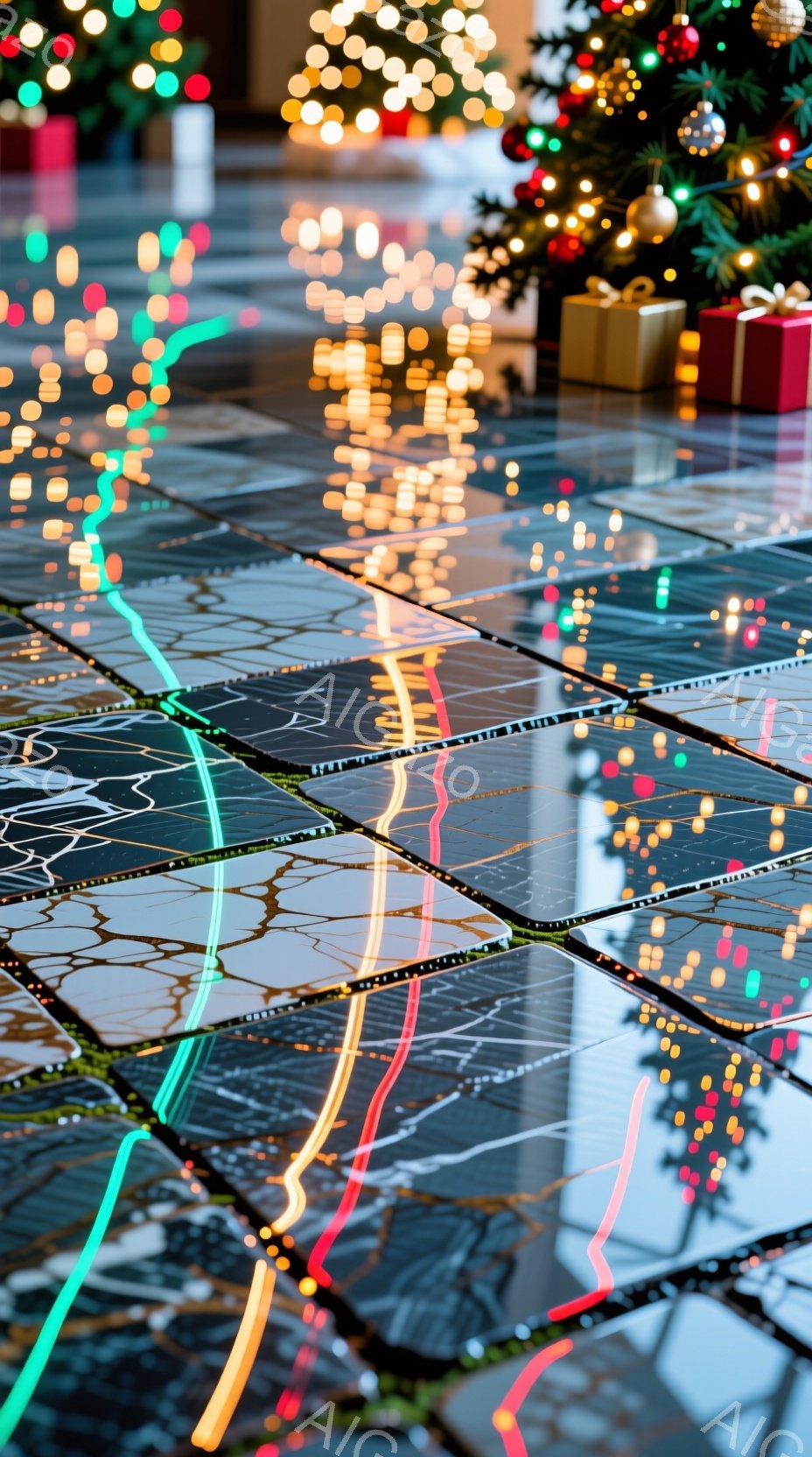 濡れた路面に反射するクリスマスツリーのイルミネーションが印象的な写真です。様々な色の光が水面にぼやけて映り込み、幻想的な雰囲気を醸し出しています。背景にはぼやけたクリスマスツリーとプレゼントが確認でき - AI生成フリー素材