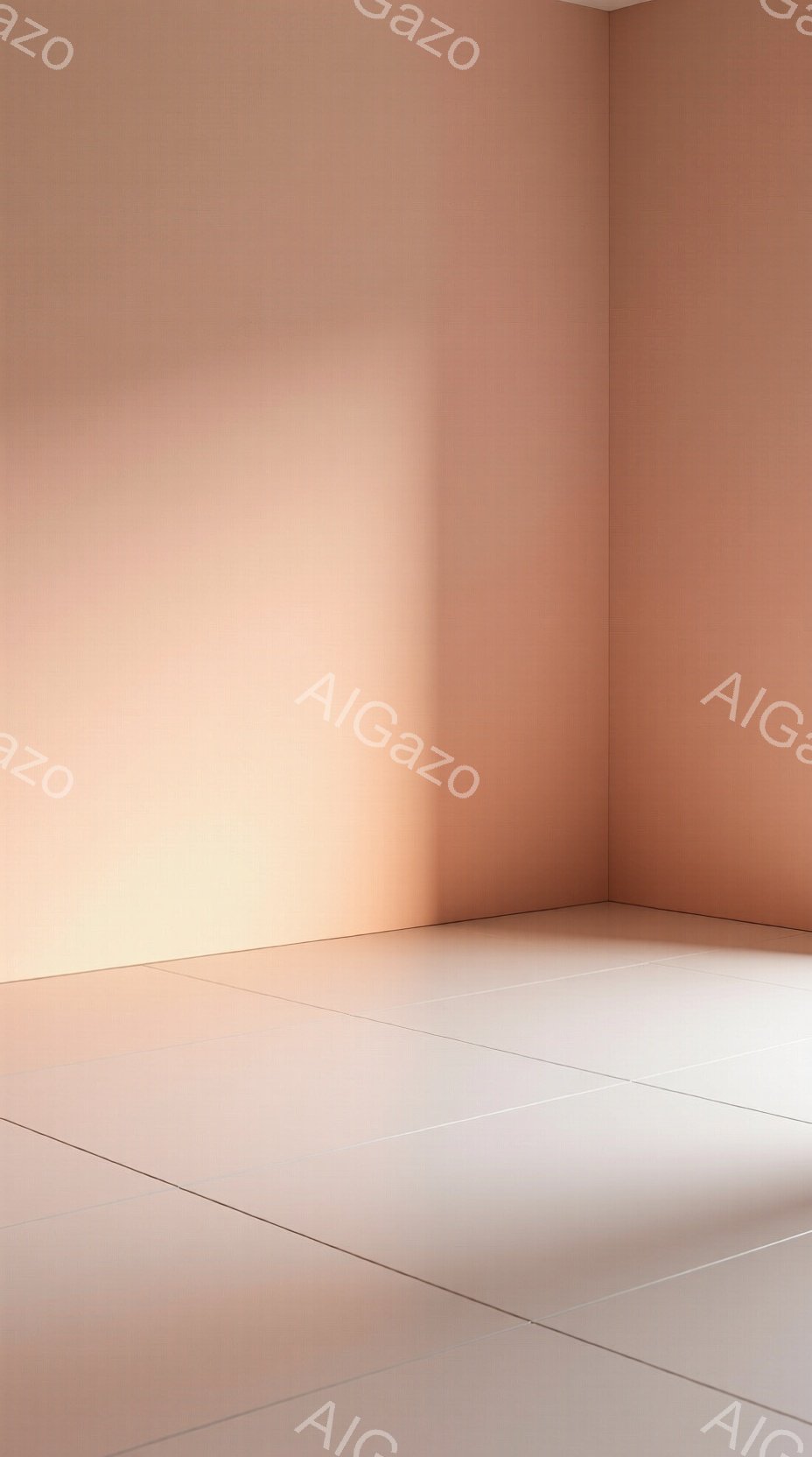 この画像は、薄いオレンジ色の壁と床タイルで構成されたシンプルな部屋の一部を捉えています。壁面には、光の当たり具合でグラデーションが生まれ、柔らかな雰囲気を醸し出しています。床は白いタイルで、反射光がわずかに見られ、部屋全体が静かで穏やかな印象を与えます。
