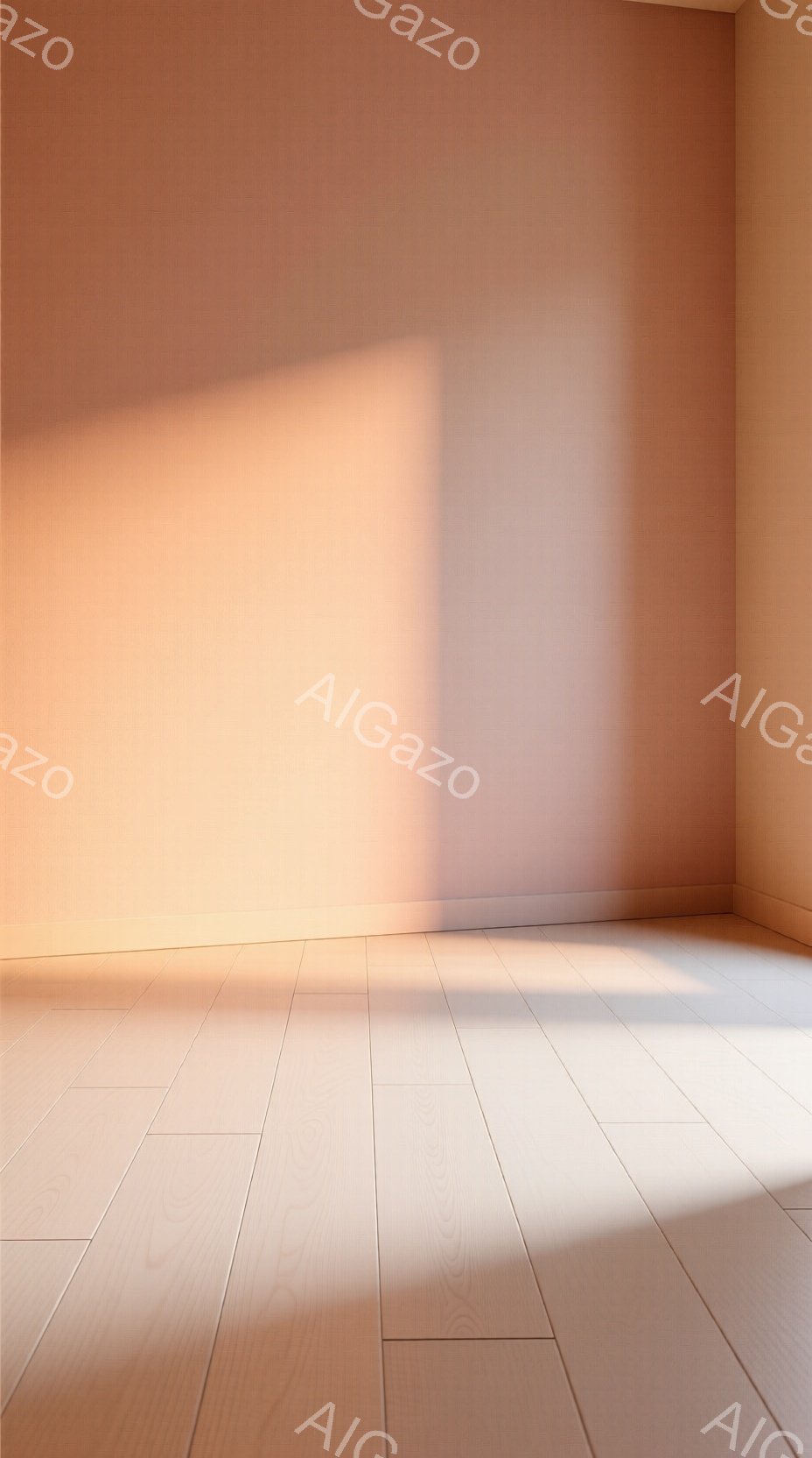 暖かく柔らかなオレンジ色の壁と、明るい木製の床が印象的な室内です。壁には光が差し込み、影が伸びて奥行きを強調しています。シンプルでミニマルな空間は、静けさと安らぎを感じさせます。
