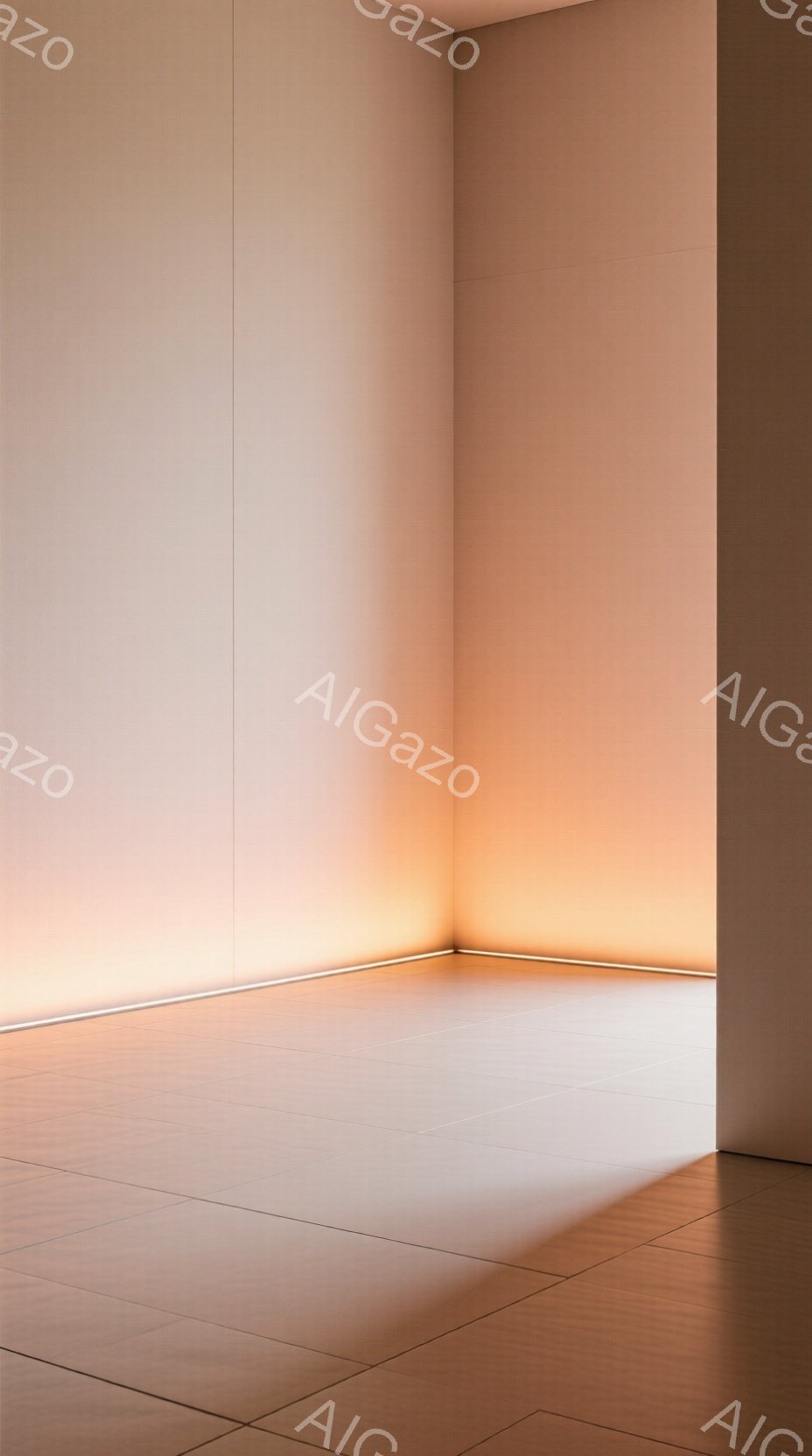 広々とした空間の隅が写っており、壁と床が明るいオレンジ色の光で照らされている。床はタイル張りで、壁は滑らかで均一な色合いで、全体的にミニマルで現代的な雰囲気を醸し出している。光のグラデーションが穏やかで、静寂と落ち着きを感じさせる空間である。