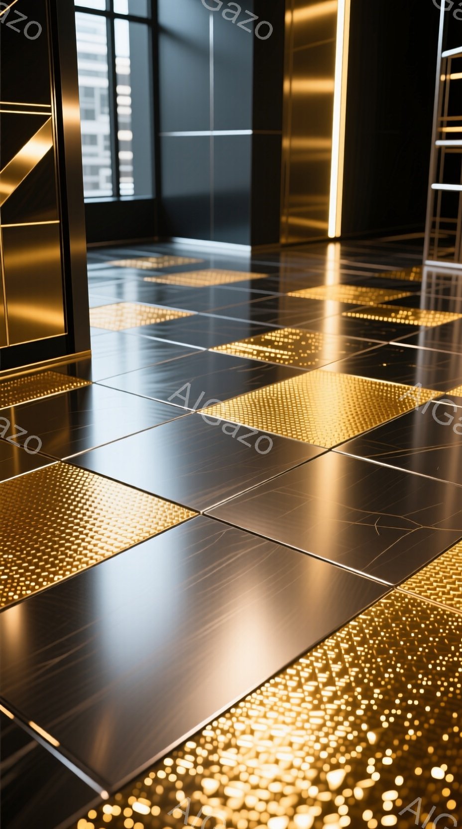 画像は、磨かれた濃いグレーのタイル張りの床のクローズアップです。床の一部には金色のグリッド状の光が投影され、モダンで洗練された雰囲気を醸し出しています。床の反射と照明効果は、豪華さと未来的なデザインを強調しています。