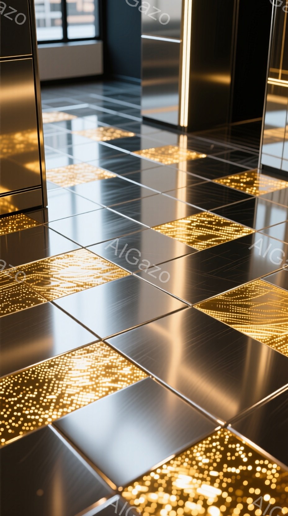 この画像は、反射する床タイルが特徴の室内空間を捉えています。各タイルは鏡面仕上げで、天井から差し込む暖かい光を反射し、金色の輝きを放つパターンを生み出しています。全体として、光と反射が織りなす抽象的でモダンな雰囲気を感じさせます。