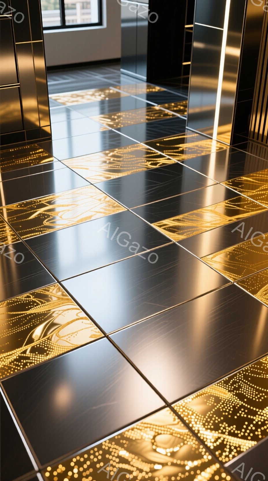 この画像は、鏡面仕上げの黒いタイルが敷き詰められた床のクローズアップです。タイルには、金色の点描模様が複雑に反射し、光の動きが捉えられています。全体的に、現代的で洗練された、幾何学的な雰囲気を醸し出しています。