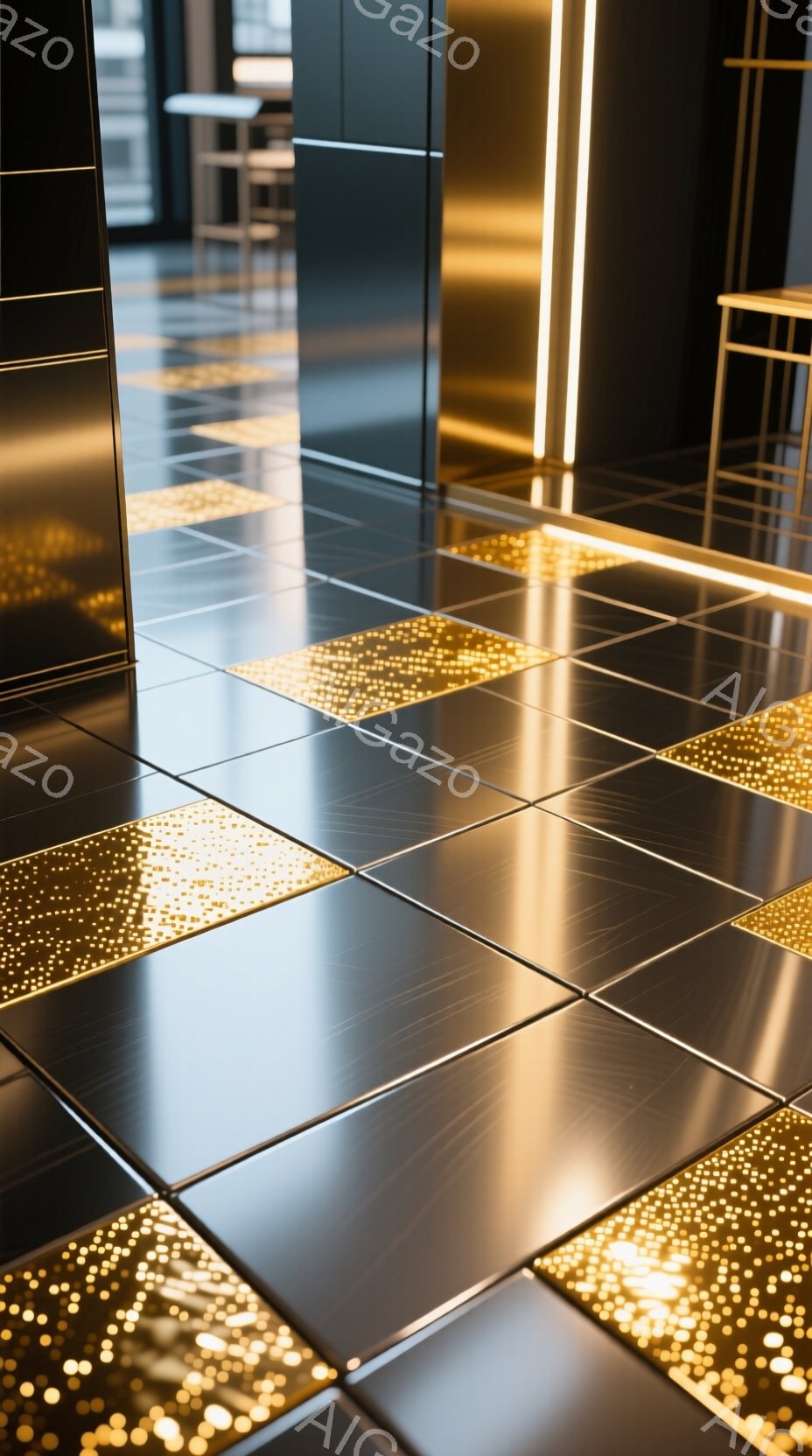 この画像は、床タイルをクローズアップしたもので、暗いグレーのタイルが規則的に並んでいます。一部のタイルには金色のドットが散りばめられた模様が光り、モダンで未来的、かつ幾何学的な印象を与えています。背景には、ぼやけたバーカウンターと、垂直に伸びる光のラインが見え、洗練されたバーやクラブのインテリアの一部である可能性を示唆しています。