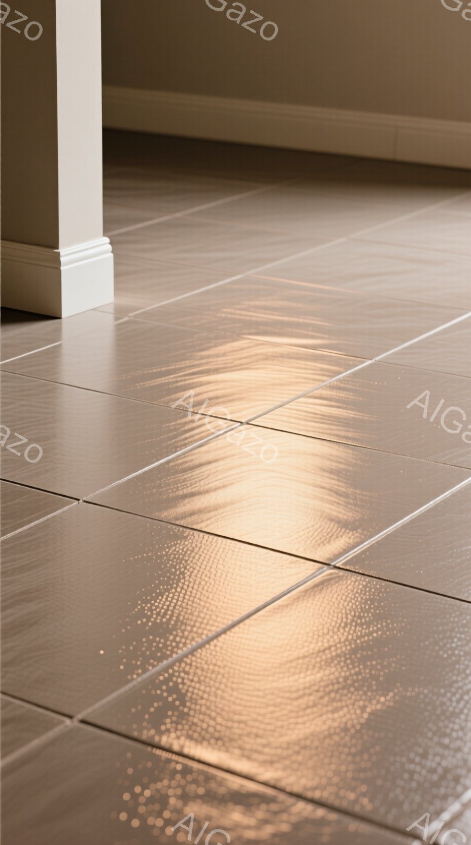薄い茶色のタイル張りの床が写っている。左端には白い壁の柱が一部見え、床面には光の反射による細かい点状の模様が広がっている。全体的に暖かく落ち着いた雰囲気で、空間の静寂さが感じられる。