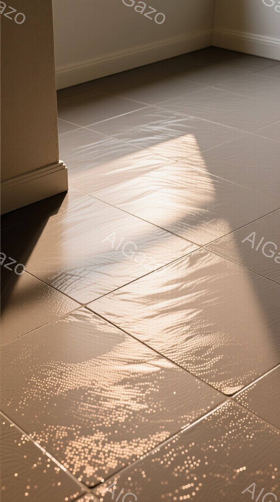 暖色系のタイルが敷かれた床に、窓から差し込む光がレースのカーテンを通して模様を描いている。光と影のコントラストが美しく、静かで穏やかな雰囲気が漂っている。床のタイルはシンプルでモダンな印象を与え、部屋全体の雰囲気を引き締めている。