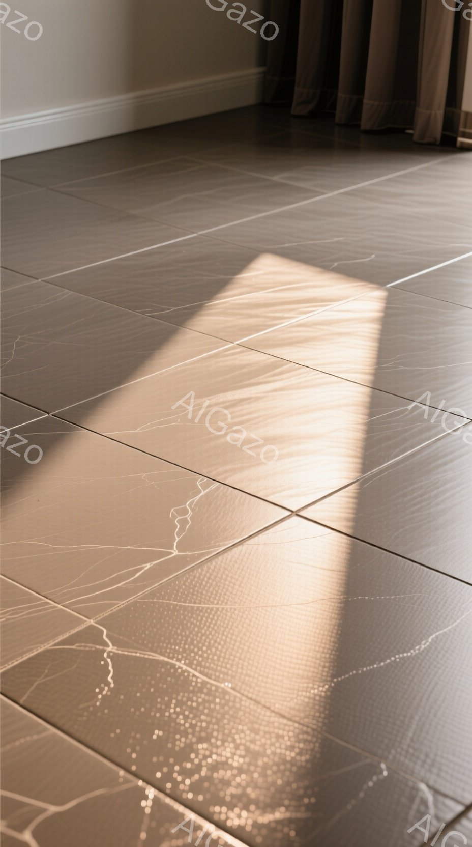 茶色のタイル張りの床に、太陽光が差し込み、影が格子状に伸びています。床の一部には水滴が散らばっており、拭き取った跡が見られます。奥にはベージュ色のカーテンが見え、室内全体が穏やかで静かな雰囲気を醸し出しています。