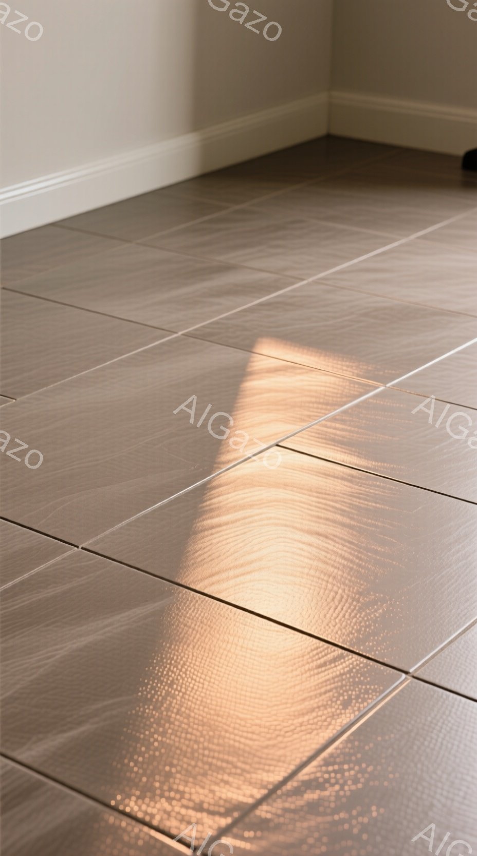 画像は、薄い茶色のタイル張りの床の一部を捉えており、右上に強い光の筋が差し込んでいます。光はタイル表面で反射し、独特の模様を作り出しており、壁際には影が伸びています。暖色系のタイルと光が、穏やかで落ち着いた雰囲気を醸し出しています。