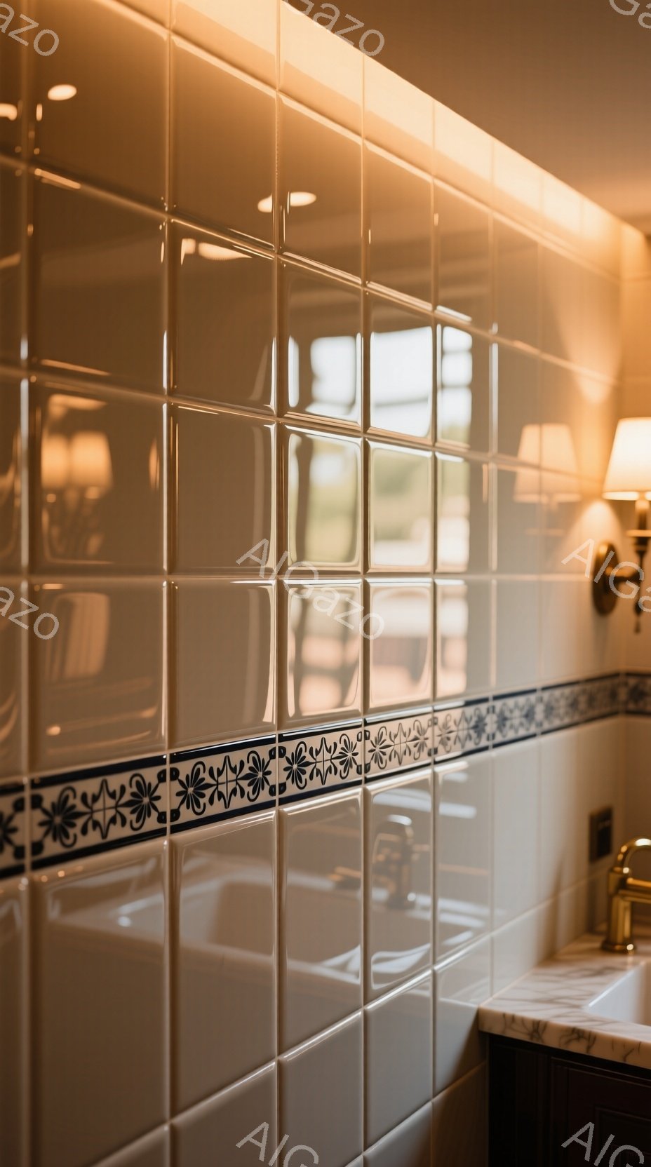 白い四角いタイルが壁一面に並び、中央には濃い青色の装飾的な帯が走っている。タイルの光沢と帯の模様が、浴室や洗面所のような清潔感のある空間を印象付ける。奥にはぼんやりと洗面台や蛇口が見え、全体的に暖色系の光が差し込んで落ち着いた雰囲気を醸し出している。