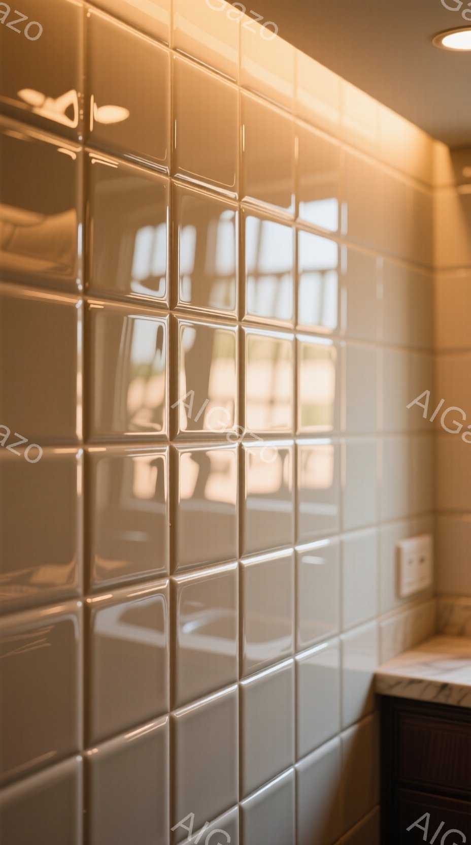 白いタイルが規則的に並んだ壁面がメインの画像です。タイルの表面には光が反射し、明るい光沢が特徴的です。壁の右側には洗面台の一部が見え、背景にはぼんやりと人影が見えますが、全体的に暖かく落ち着いた雰囲気です。